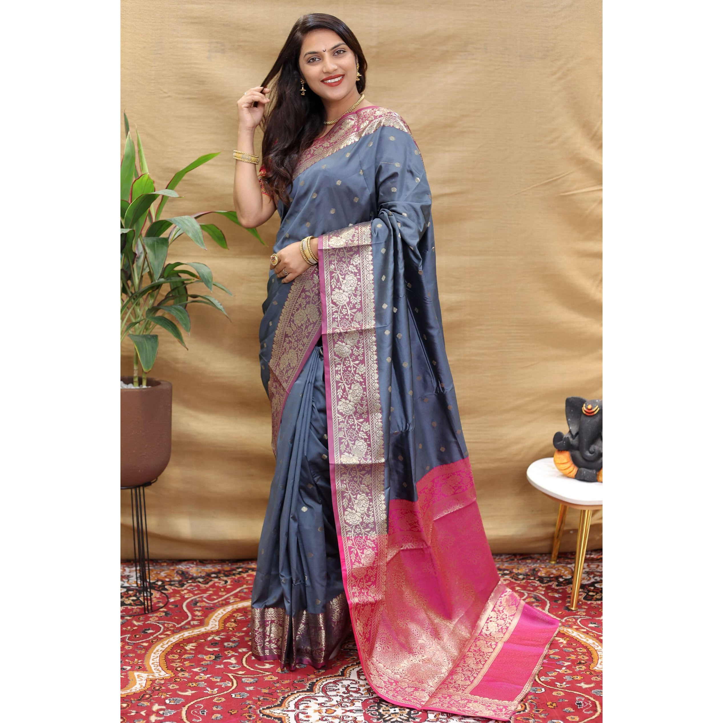 AMIRAT Womens Banarasi Saree Soft new ladies 2024 Design Wear Pattu Sarees Latest Cotton Party Sari collections With Blouse Piece for Wedding sadi (Grey)