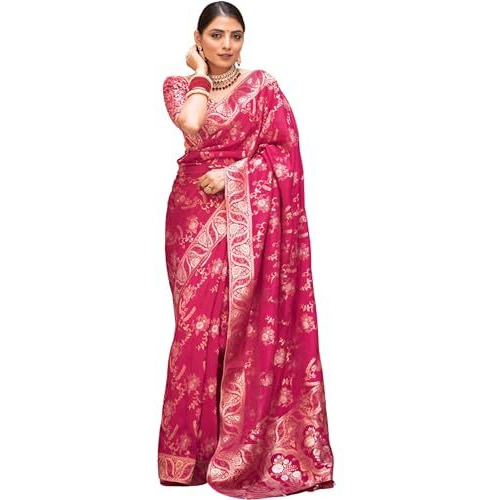 C J Enterprise Womens Banarasi Saree Pure Kanjivaram Silk Saree Soft Design Wear Pattu Sarees Latest Cotton With Blouse Piece Kanchipuram for Wedding sadi new ladies 2023(AlmariFlowrjaal) (Rani)
