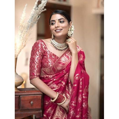 C J Enterprise Womens Banarasi Saree Pure Kanjivaram Silk Saree Soft Design Wear Pattu Sarees Latest Cotton With Blouse Piece Kanchipuram for Wedding sadi new ladies 2023(AlmariFlowrjaal) (Rani)