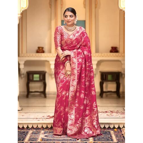 C J Enterprise Womens Banarasi Saree Pure Kanjivaram Silk Saree Soft Design Wear Pattu Sarees Latest Cotton With Blouse Piece Kanchipuram for Wedding sadi new ladies 2023(AlmariFlowrjaal) (Rani)