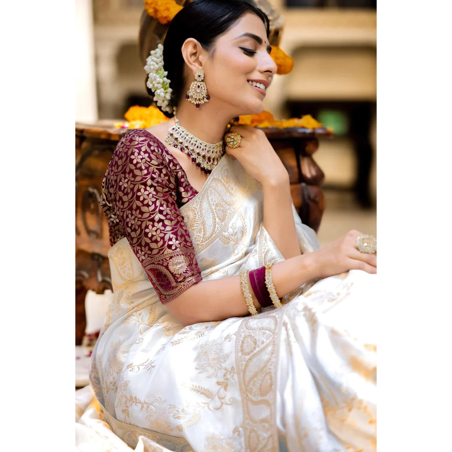 C J Enterprise Womens Banarasi Saree Pure Kanjivaram Silk Saree Soft Design Wear Pattu Sarees Latest Cotton With Blouse Piece Kanchipuram for Wedding sadi new ladies 2023(AlmariFlowrjaal) (White)