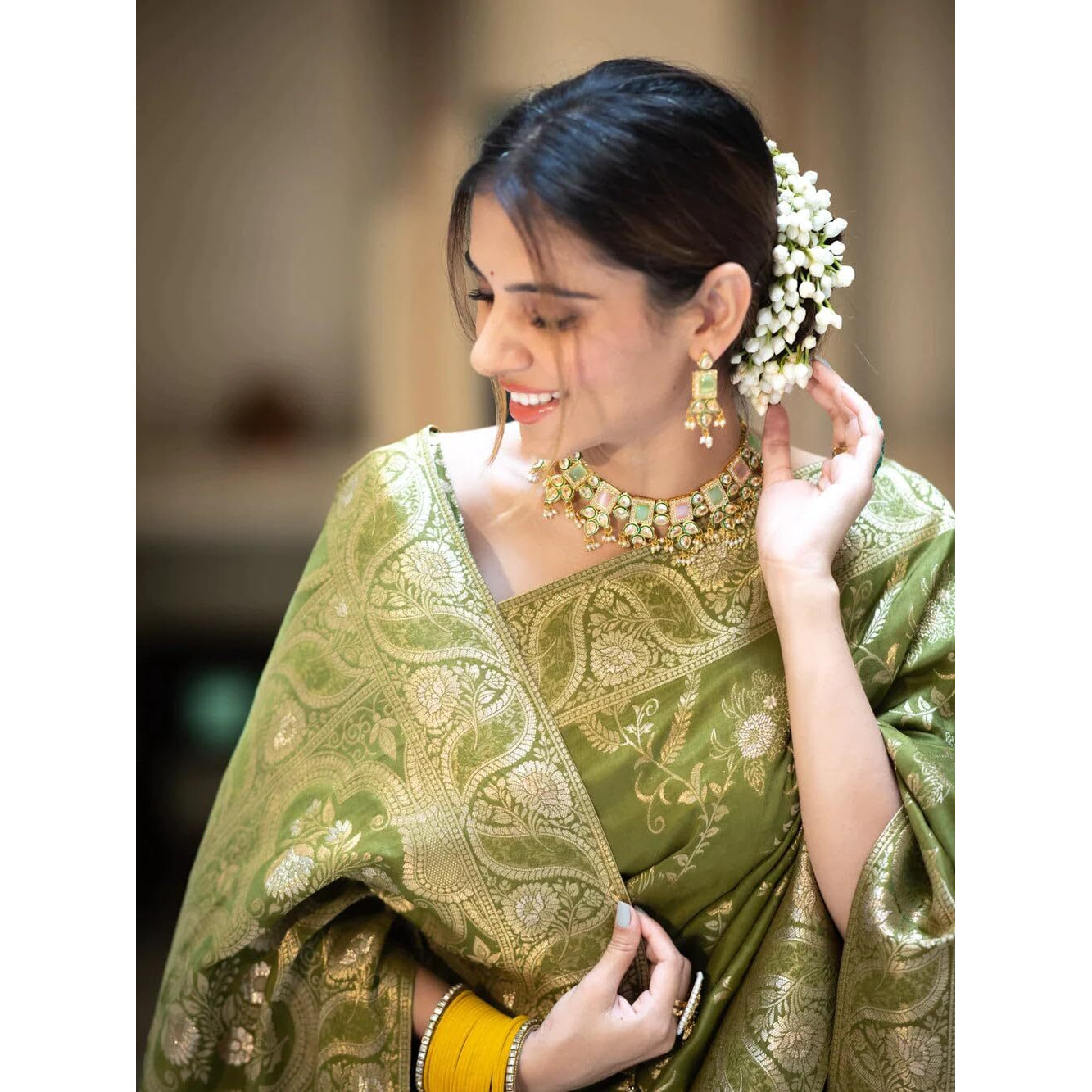 C J Enterprise Womens Banarasi Saree Pure Kanjivaram Silk Saree Soft Design Wear Pattu Sarees Latest Cotton With Blouse Piece Kanchipuram for Wedding sadi new ladies 2023(AlmariFlowrjal) (Mehendi)