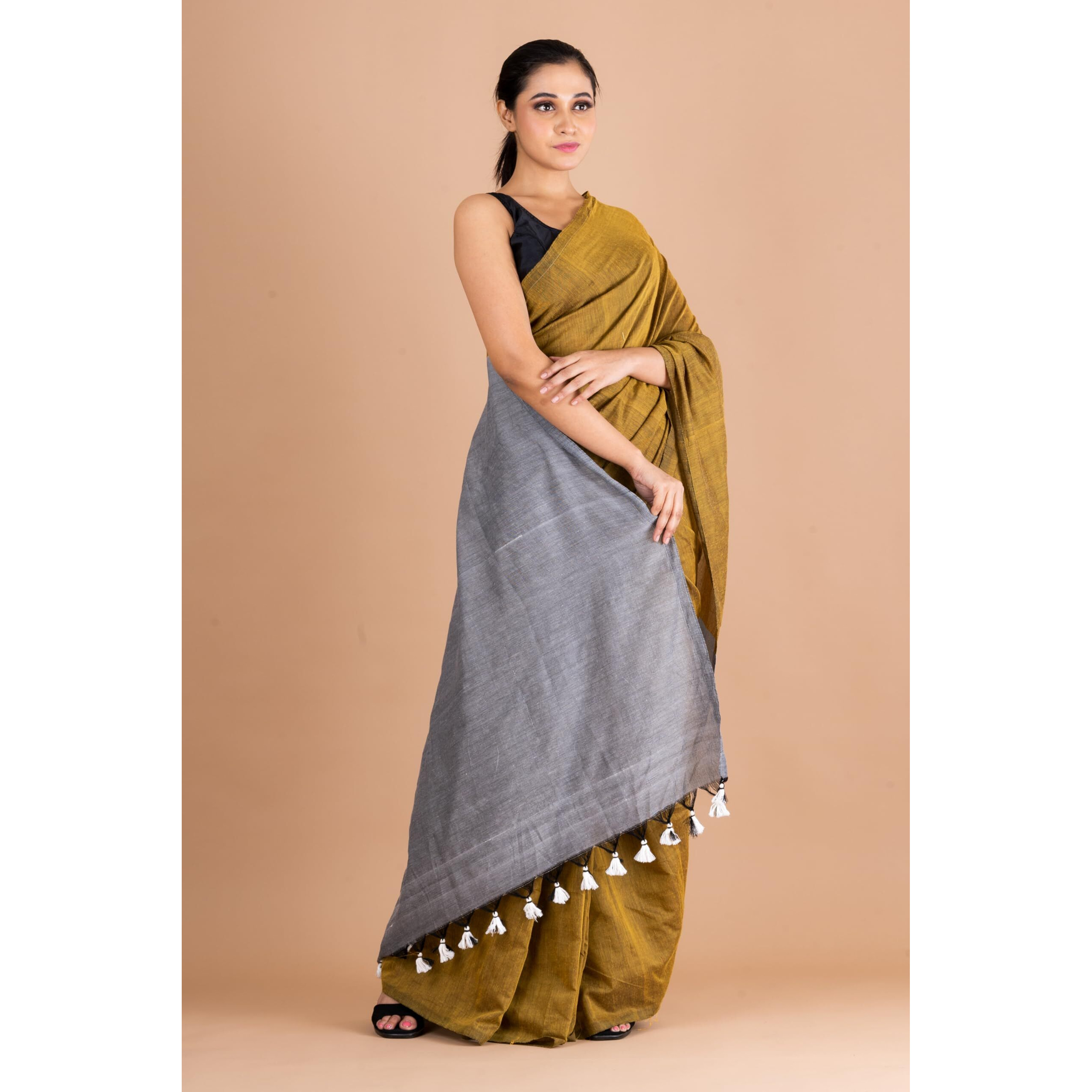 DURGA HANDLOOMS Womens Cotton Soft Handloom Saree, Without Blouse Piece, 6 Meters, Twin Colours, Gold