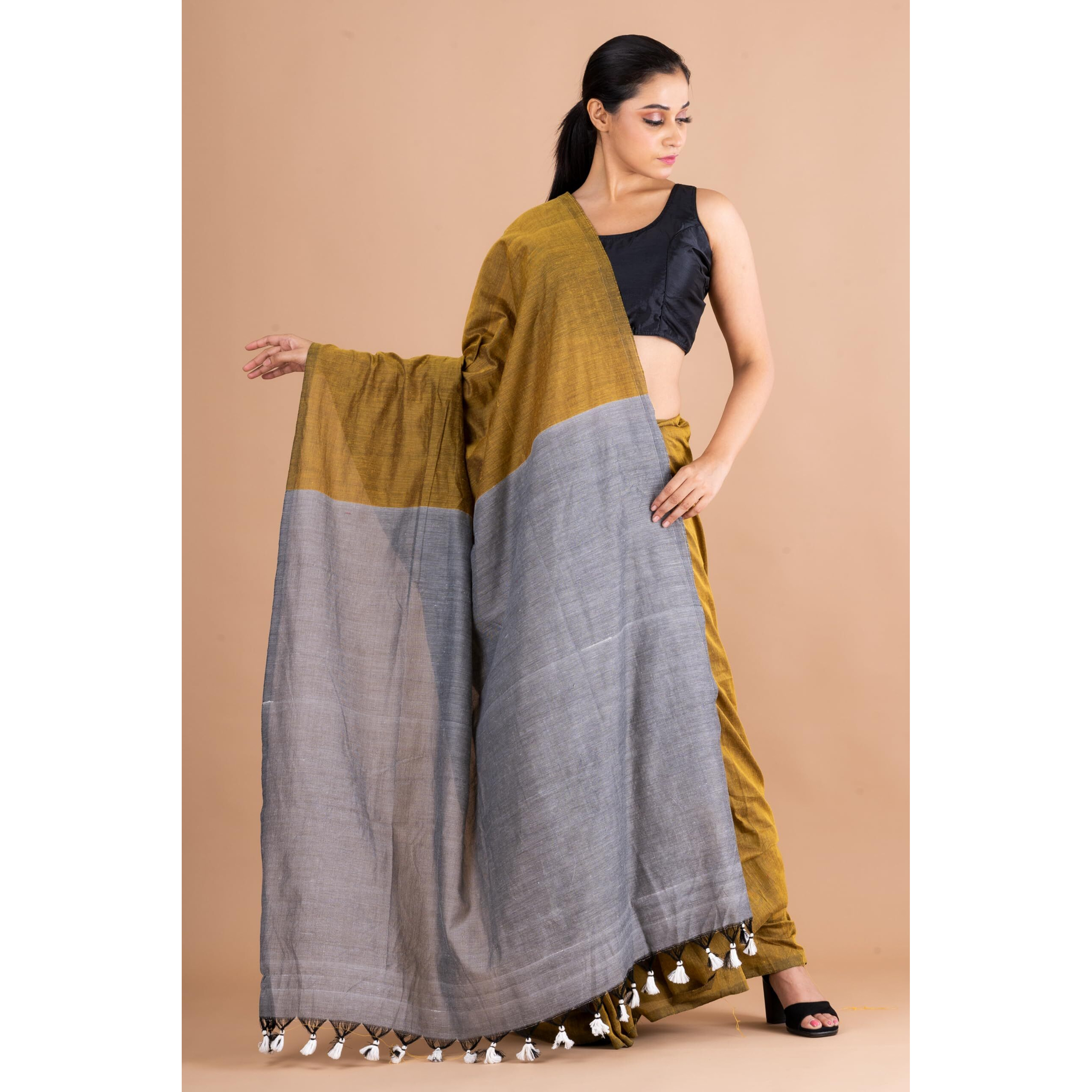 DURGA HANDLOOMS Womens Cotton Soft Handloom Saree, Without Blouse Piece, 6 Meters, Twin Colours, Gold