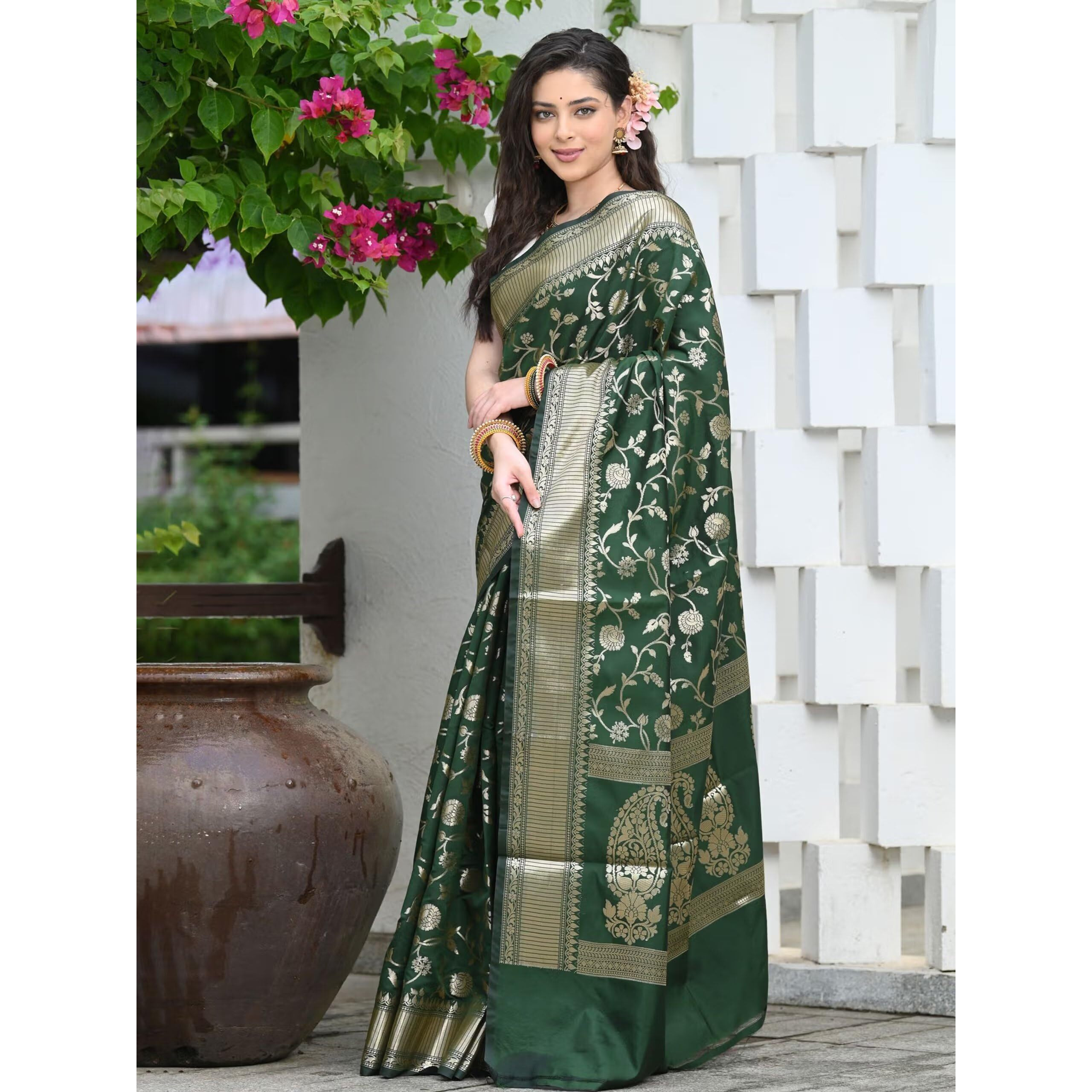 Sugathari Womens Banarasi Saree Pure Kanjivaram Silk Saree Soft new ladies 2023 Design Wear Pattu Sarees Latest Party Sari collections With Blouse Piece for Wedding sadi (SAN PARI-182 DARK GREEN)
