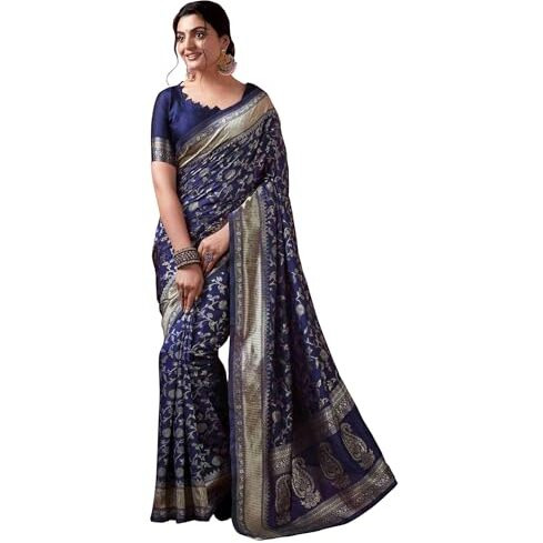 Sugathari Womens Banarasi Saree Pure Kanjivaram Silk Saree Soft new ladies 2023 Design Wear Pattu Sarees Latest Party Sari collections With Blouse Piece for Wedding sadi (SAN PARI-182 NAVY BLUE)
