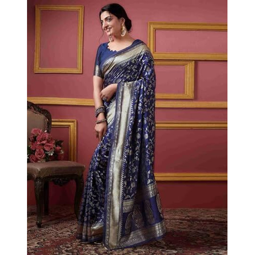 Sugathari Womens Banarasi Saree Pure Kanjivaram Silk Saree Soft new ladies 2023 Design Wear Pattu Sarees Latest Party Sari collections With Blouse Piece for Wedding sadi (SAN PARI-182 NAVY BLUE)