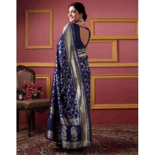 Sugathari Womens Banarasi Saree Pure Kanjivaram Silk Saree Soft new ladies 2023 Design Wear Pattu Sarees Latest Party Sari collections With Blouse Piece for Wedding sadi (SAN PARI-182 NAVY BLUE)