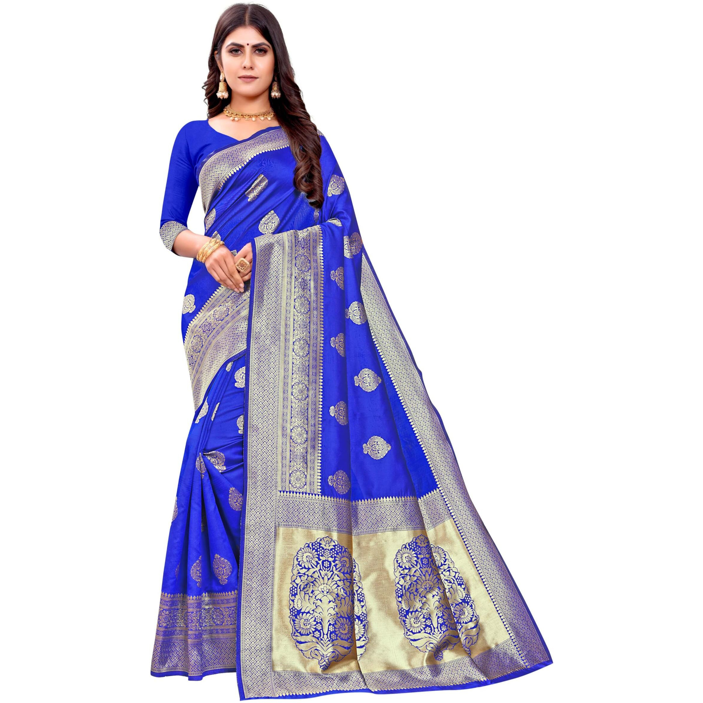Sugathari Womens Banarasi Saree Pure Kanjivaram Silk Saree Soft new ladies 2023 Design Wear Pattu Sarees Latest Cotton Party Sari collections With Blouse Piece for Wedding sadi (PARI 122 R BLUE)