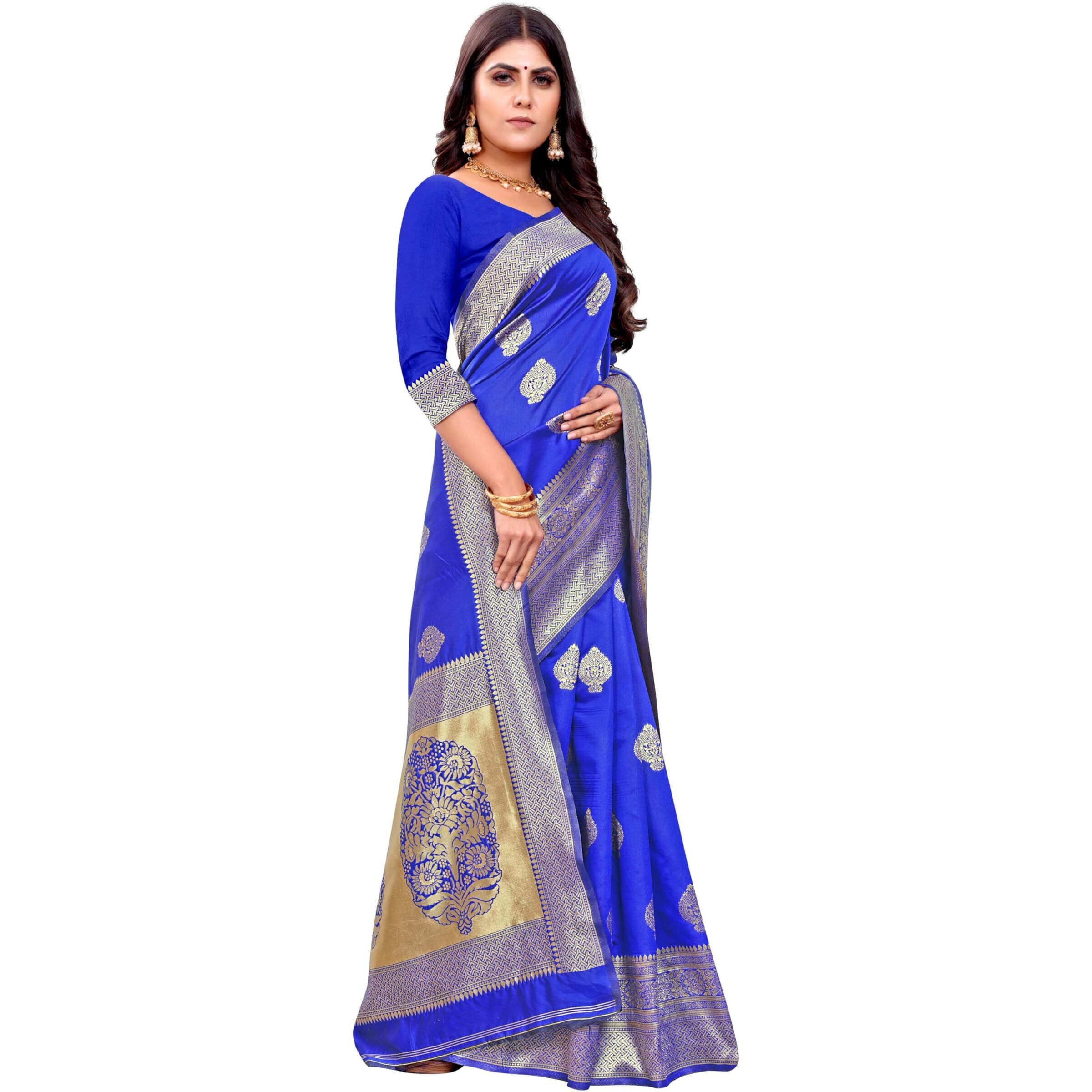 Sugathari Womens Banarasi Saree Pure Kanjivaram Silk Saree Soft new ladies 2023 Design Wear Pattu Sarees Latest Cotton Party Sari collections With Blouse Piece for Wedding sadi (PARI 122 R BLUE)