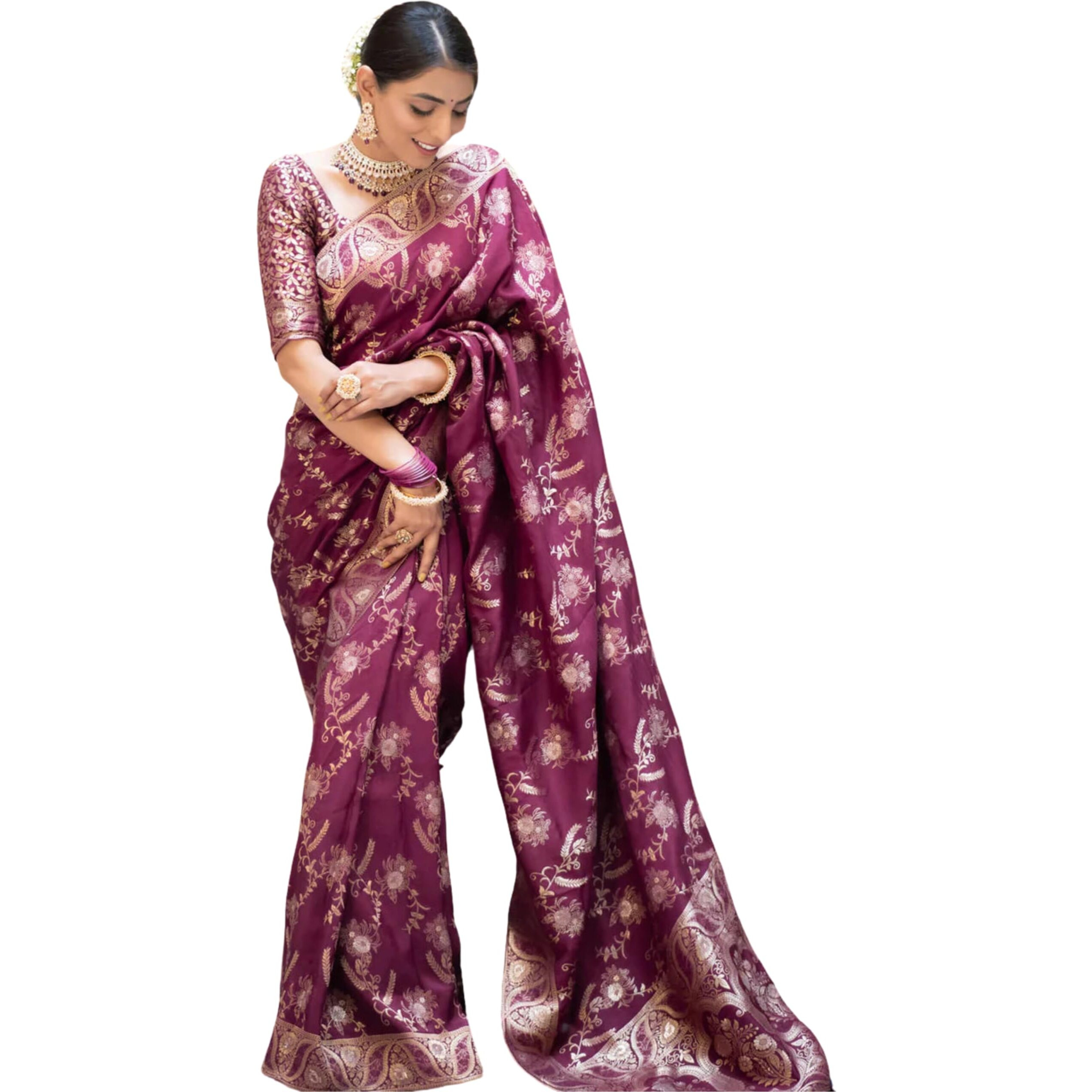 C J Enterprise Womens Banarasi Saree Pure Kanjivaram Silk Saree Soft Design Wear Pattu Sarees Latest Cotton With Blouse Piece Kanchipuram for Wedding sadi new ladies 2023(AlmariFlowrjaal) (Wine)
