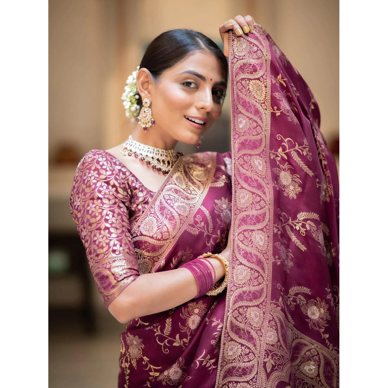 C J Enterprise Womens Banarasi Saree Pure Kanjivaram Silk Saree Soft Design Wear Pattu Sarees Latest Cotton With Blouse Piece Kanchipuram for Wedding sadi new ladies 2023(AlmariFlowrjaal) (Wine)