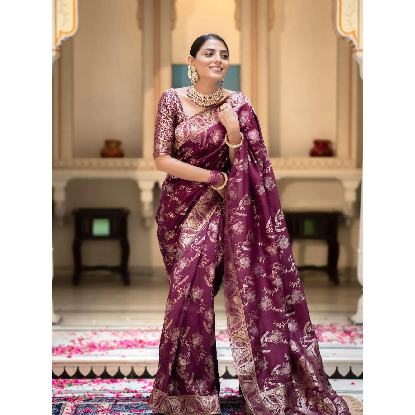 C J Enterprise Womens Banarasi Saree Pure Kanjivaram Silk Saree Soft Design Wear Pattu Sarees Latest Cotton With Blouse Piece Kanchipuram for Wedding sadi new ladies 2023(AlmariFlowrjaal) (Wine)