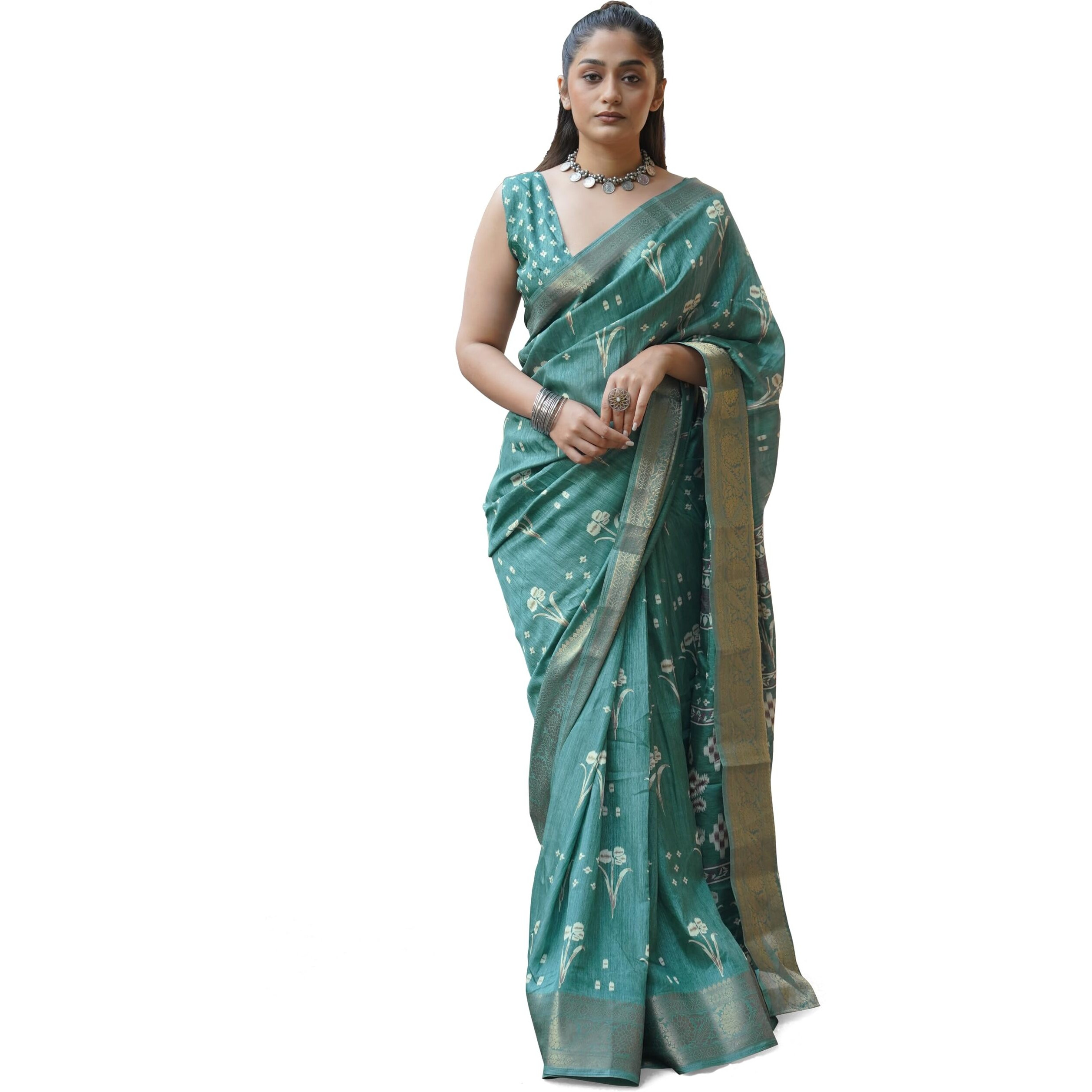 MIRCHI FASHION Womens Silk Blend Ikkat Block Printed Saree with Blouse Piece (42032-Dusty Turquoise, Off White, Brown)