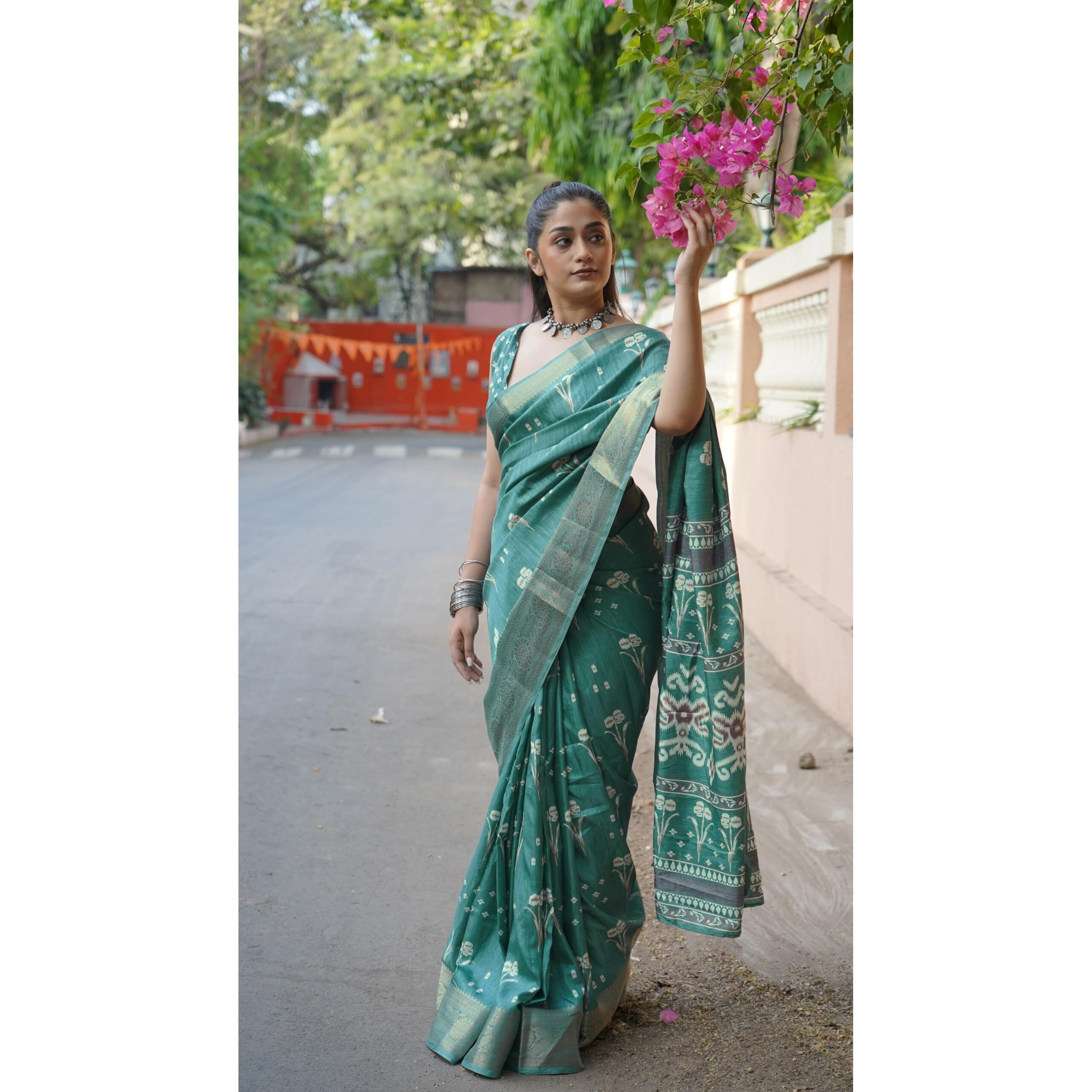 MIRCHI FASHION Womens Silk Blend Ikkat Block Printed Saree with Blouse Piece (42032-Dusty Turquoise, Off White, Brown)