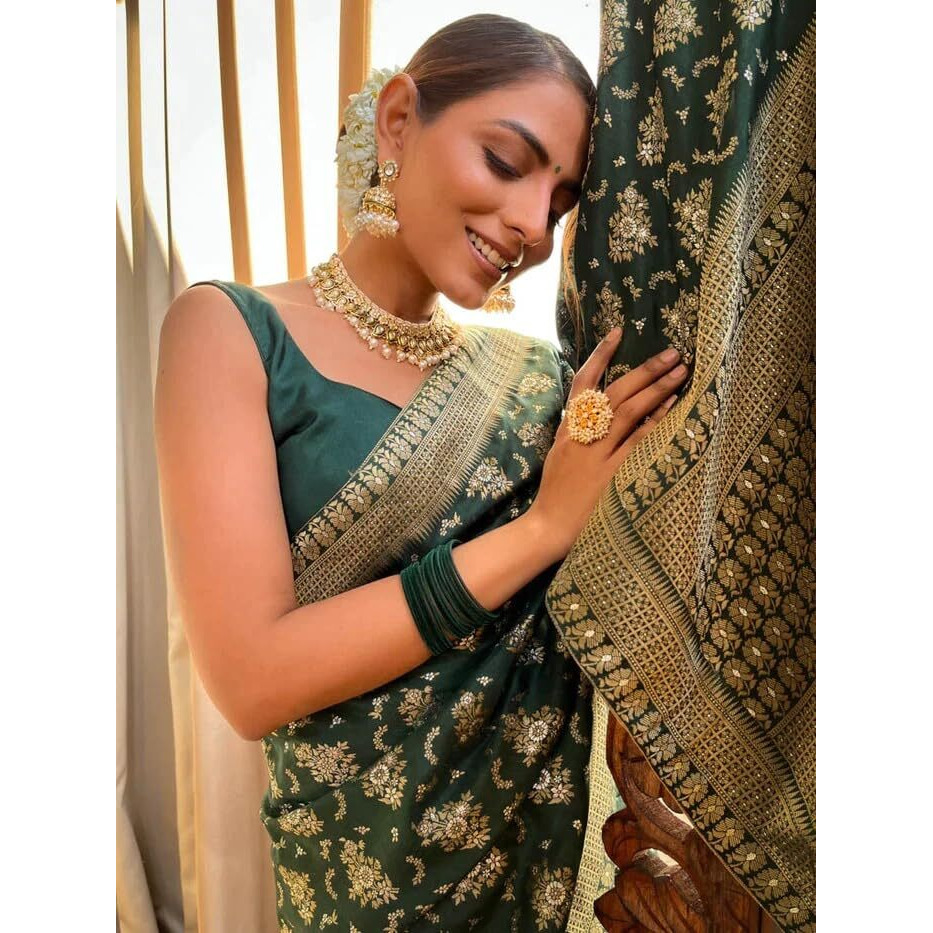 Yashika Womens Banarasi Kanjivaram Jacquard Art Silk Saree - Exquisite Ethnic Attire for Indian Festivities - Unstitched Blouse Included (AZ-YS-OG-RANGEELI GREEN)