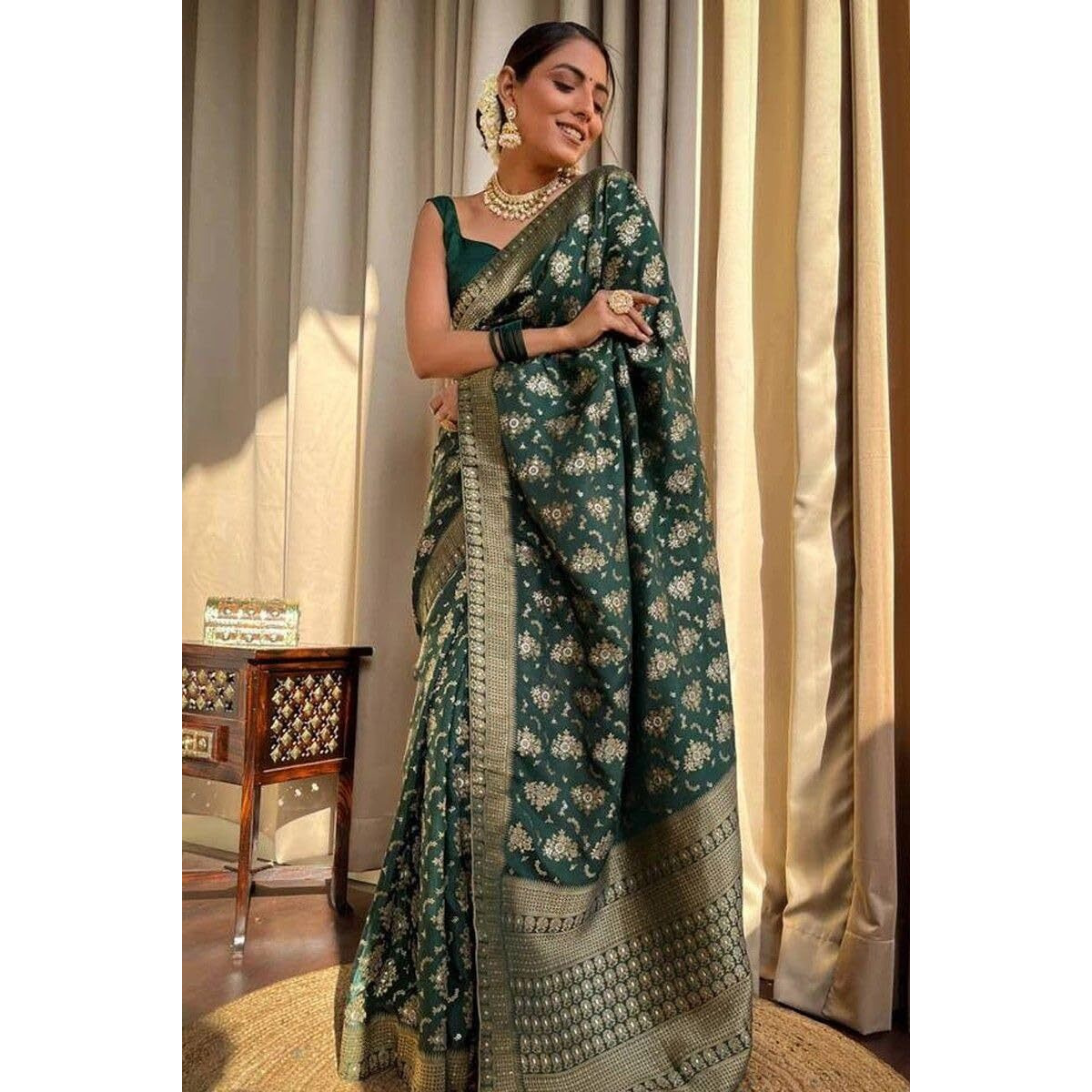 Yashika Womens Banarasi Kanjivaram Jacquard Art Silk Saree - Exquisite Ethnic Attire for Indian Festivities - Unstitched Blouse Included (AZ-YS-OG-RANGEELI GREEN)