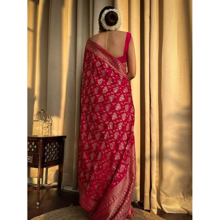 Yashika Womens Banarasi Kanjivaram Jacquard Art Silk Saree - Exquisite Ethnic Attire for Indian Festivities - Unstitched Blouse Included (AZ-YS-OG-RANGEELI PINK)