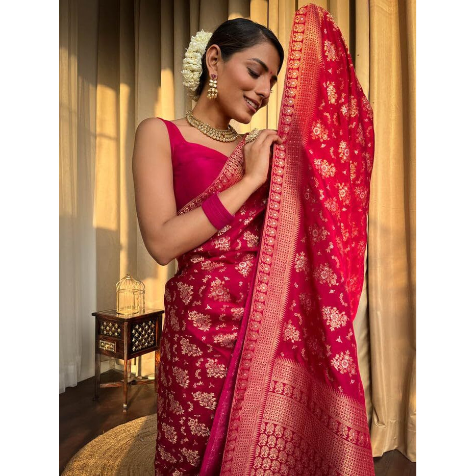 Yashika Womens Banarasi Kanjivaram Jacquard Art Silk Saree - Exquisite Ethnic Attire for Indian Festivities - Unstitched Blouse Included (AZ-YS-OG-RANGEELI PINK)