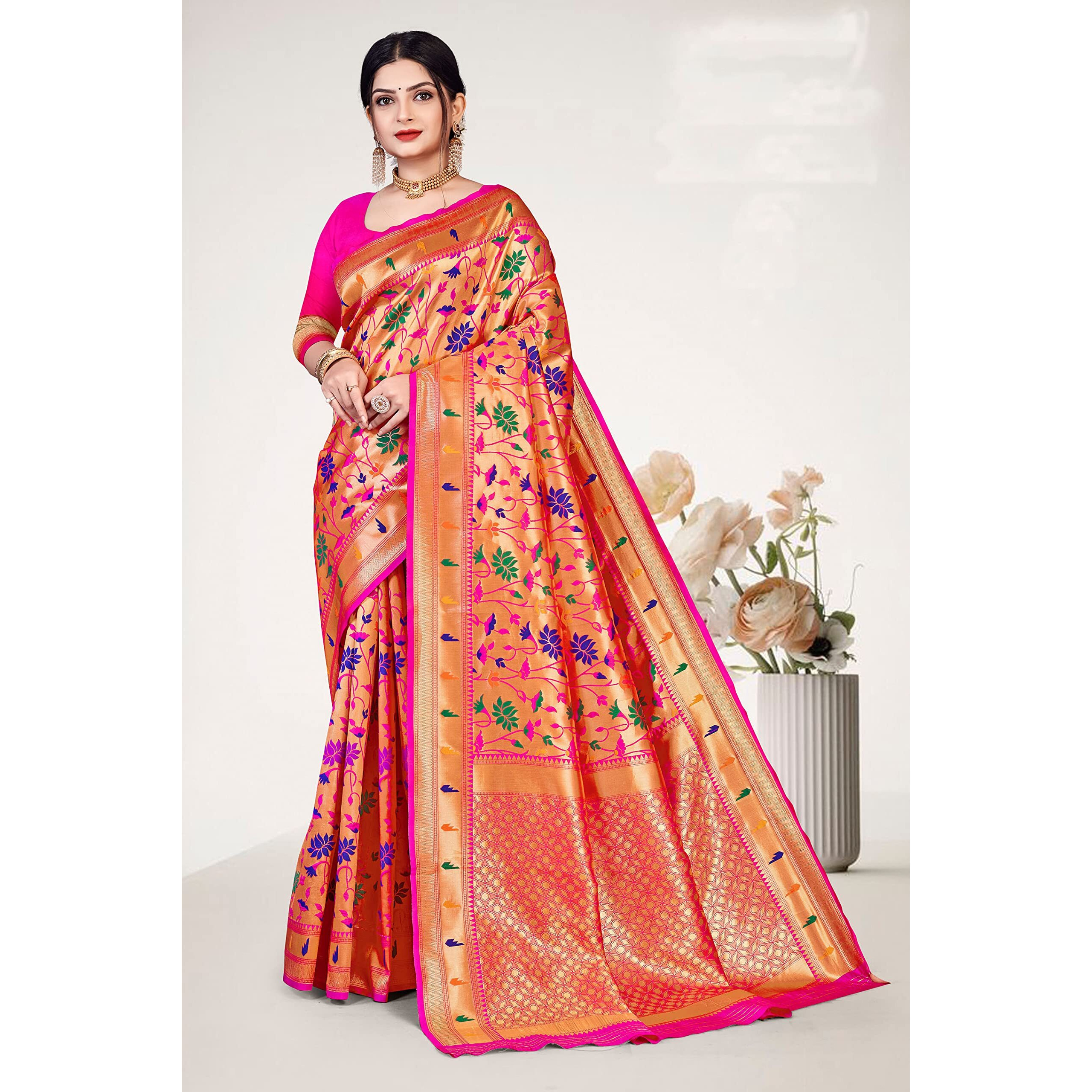 Jaanvi fashion Womens Silk With Zari Work Saree With Blouse Piece(kaashi-paithani-pink)