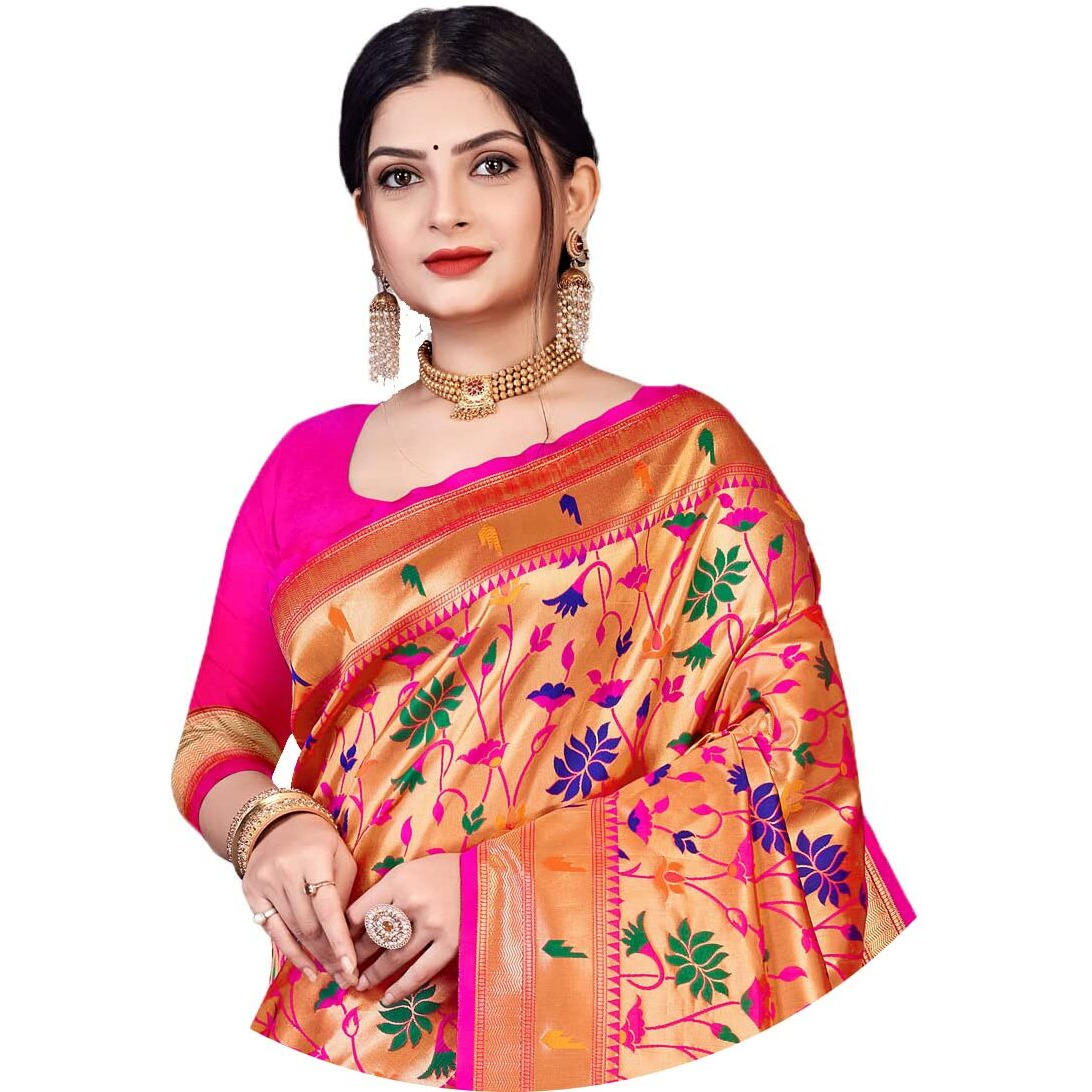 Jaanvi fashion Womens Silk With Zari Work Saree With Blouse Piece(kaashi-paithani-pink)