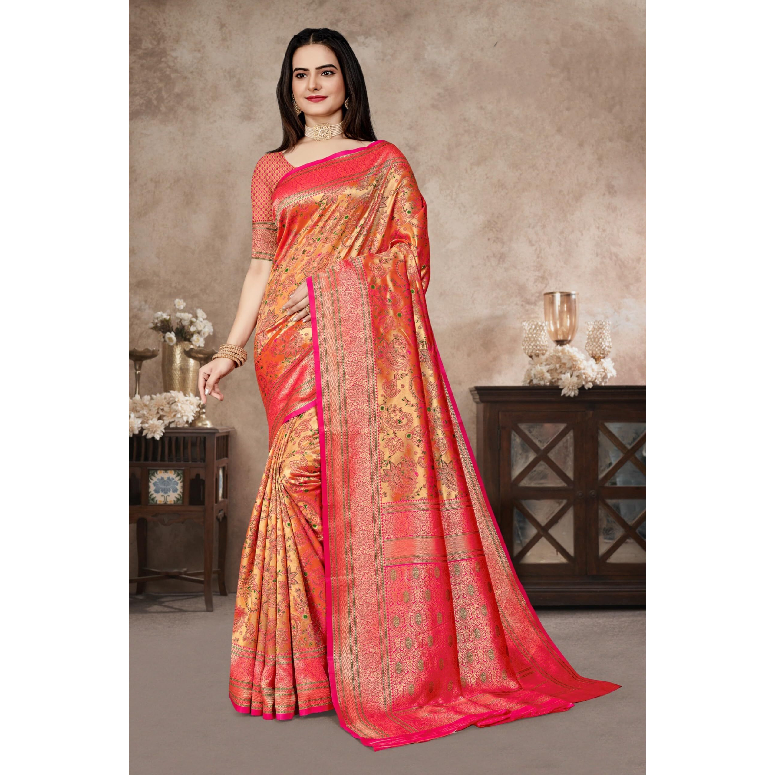 Jaanvi fashion Womens Silk With Zari Work Saree With Blouse Piece(vishruti-paithani-pink)