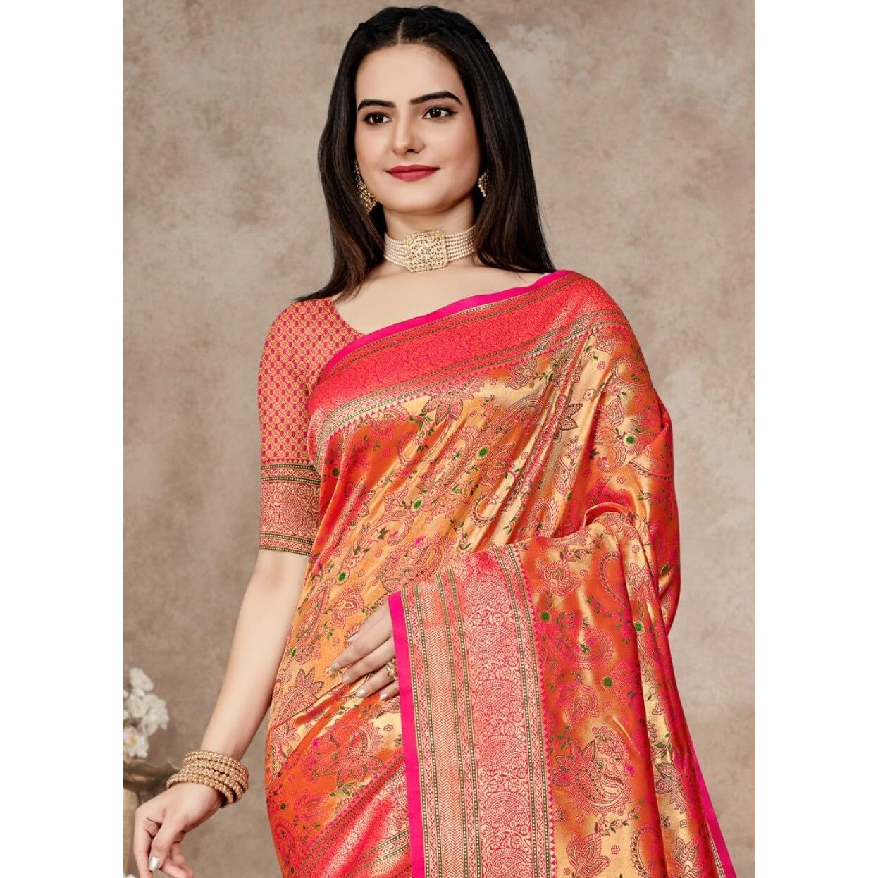 Jaanvi fashion Womens Silk With Zari Work Saree With Blouse Piece(vishruti-paithani-pink)