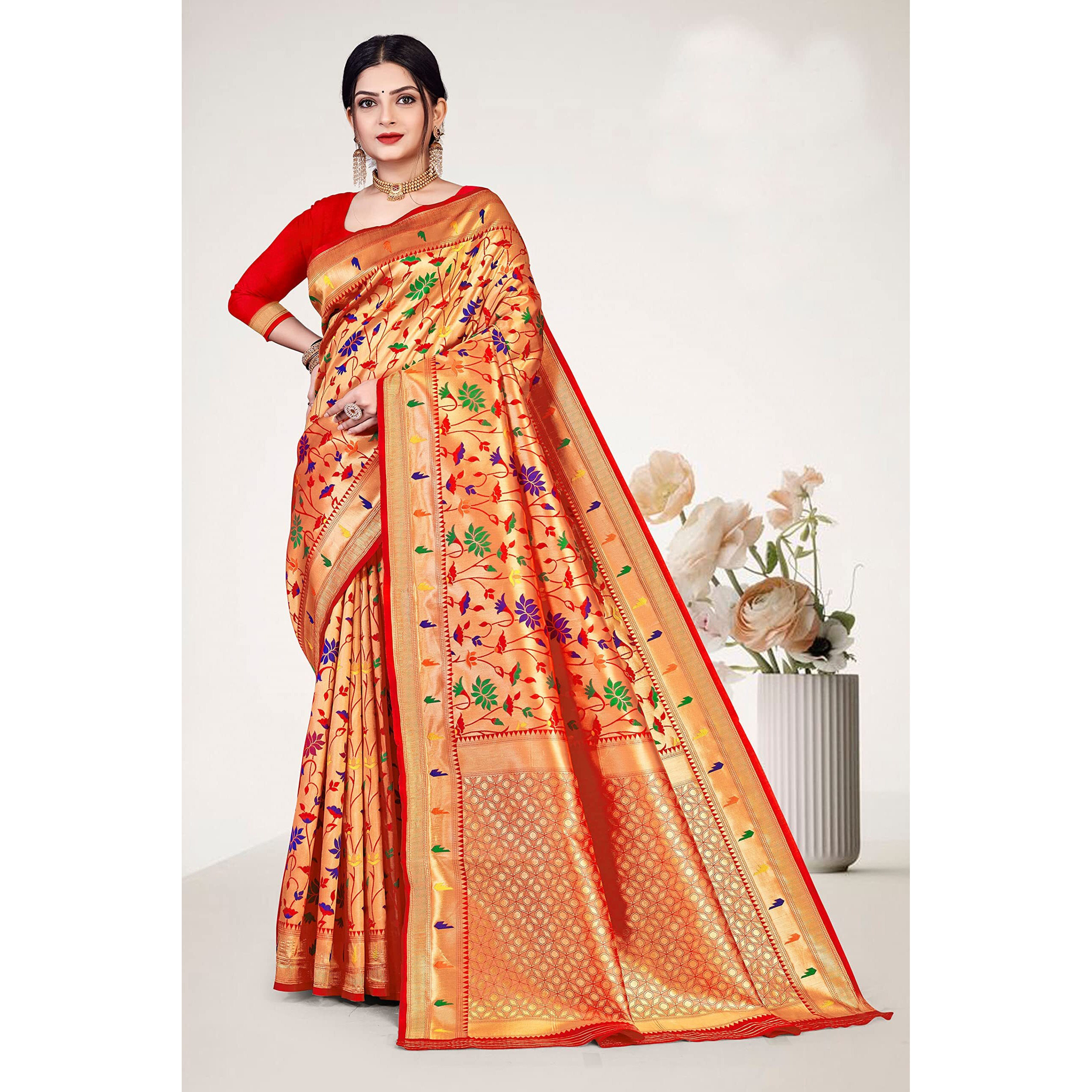 Jaanvi fashion Womens Silk With Zari Work Saree With Blouse Piece(kaashi-paithani-red)