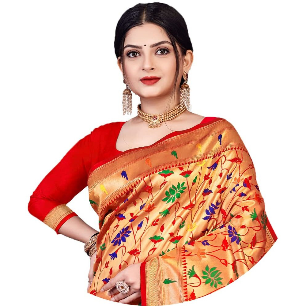 Jaanvi fashion Womens Silk With Zari Work Saree With Blouse Piece(kaashi-paithani-red)