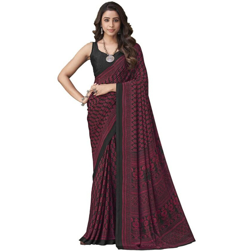 SIRIL Womens Floral Printed Silk Crepe Saree with Unstitched Blouse Piece(2858S2465_Dark Pink, Dark Grey)