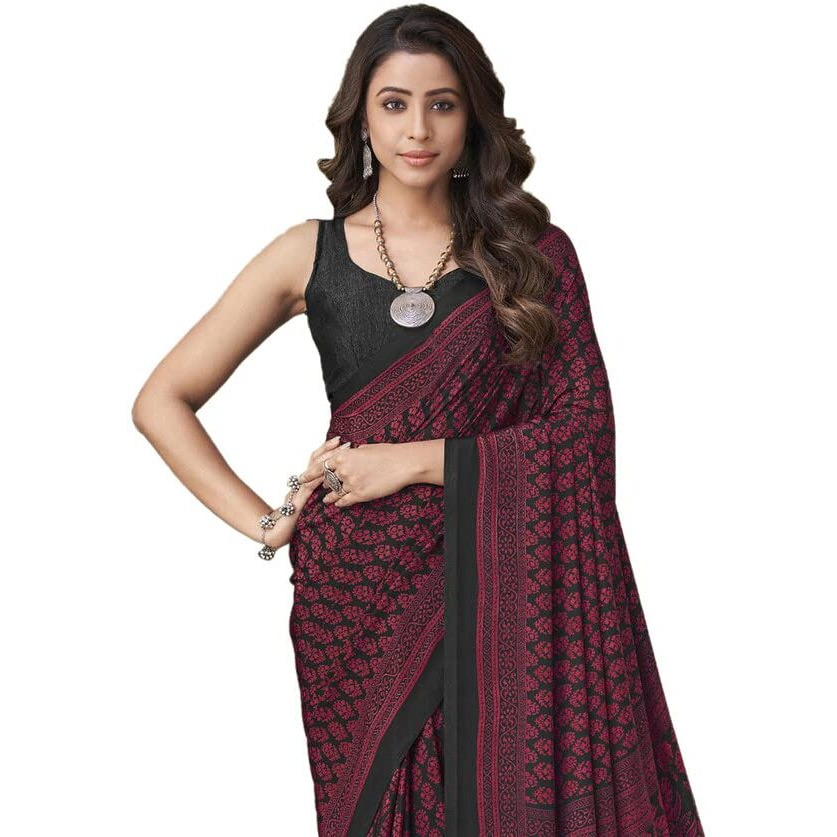 SIRIL Womens Floral Printed Silk Crepe Saree with Unstitched Blouse Piece(2858S2465_Dark Pink, Dark Grey)