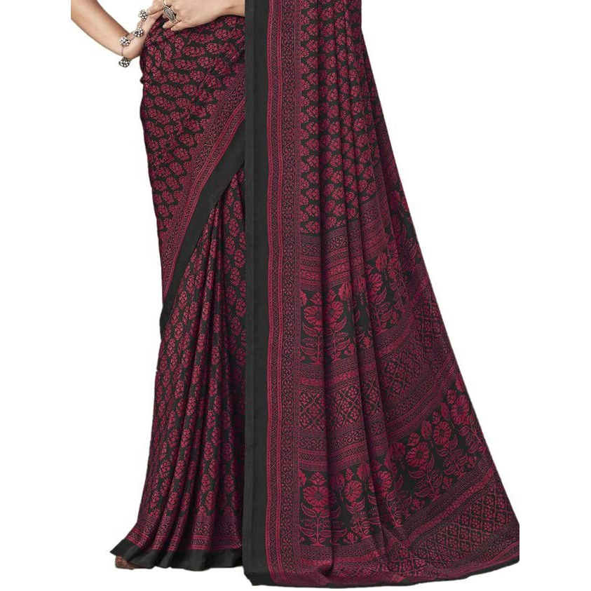 SIRIL Womens Floral Printed Silk Crepe Saree with Unstitched Blouse Piece(2858S2465_Dark Pink, Dark Grey)