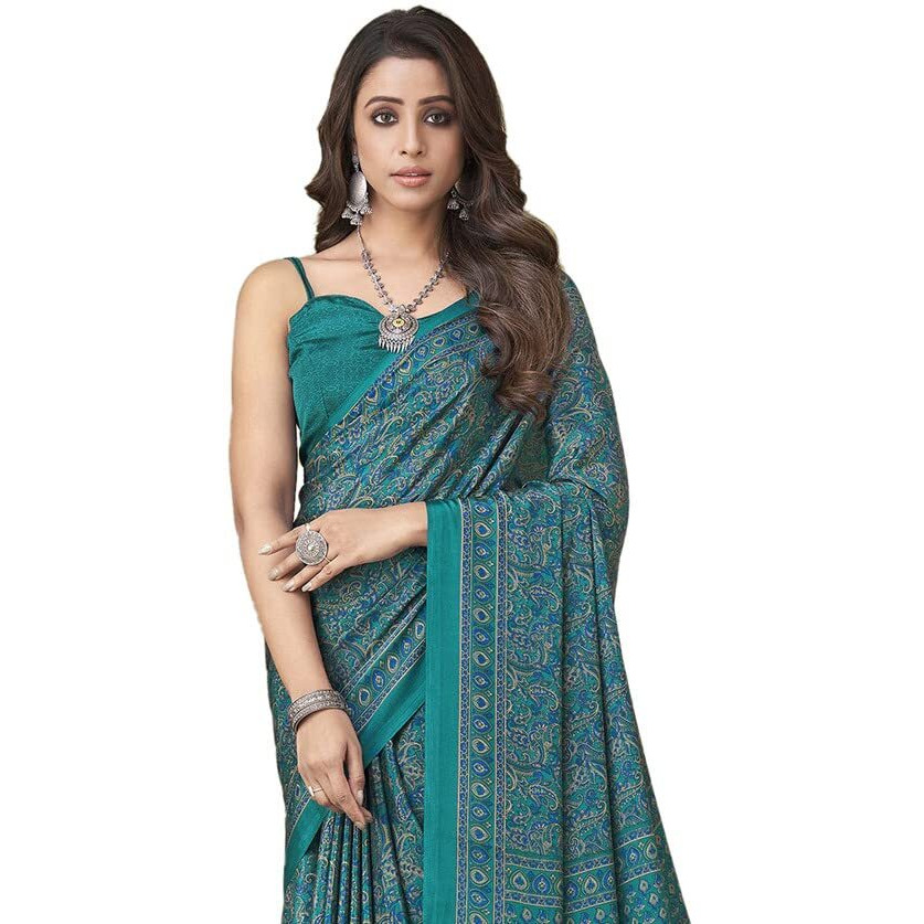 SIRIL Womens Floral Printed Silk Crepe Saree with Unstitched Blouse Piece(2858S2463_Rama Green, Blue)