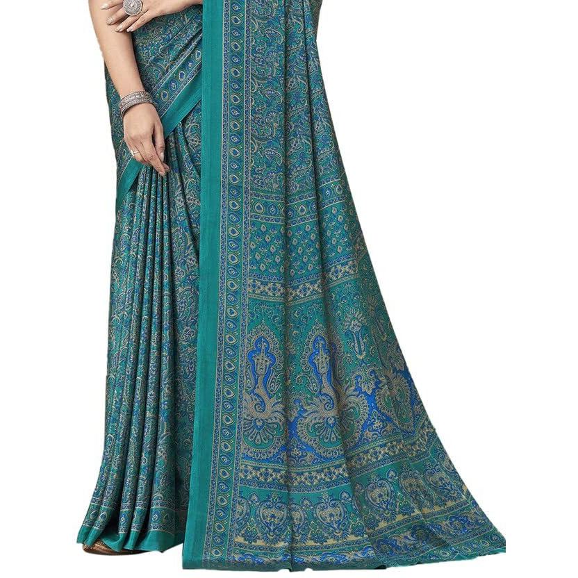 SIRIL Womens Floral Printed Silk Crepe Saree with Unstitched Blouse Piece(2858S2463_Rama Green, Blue)