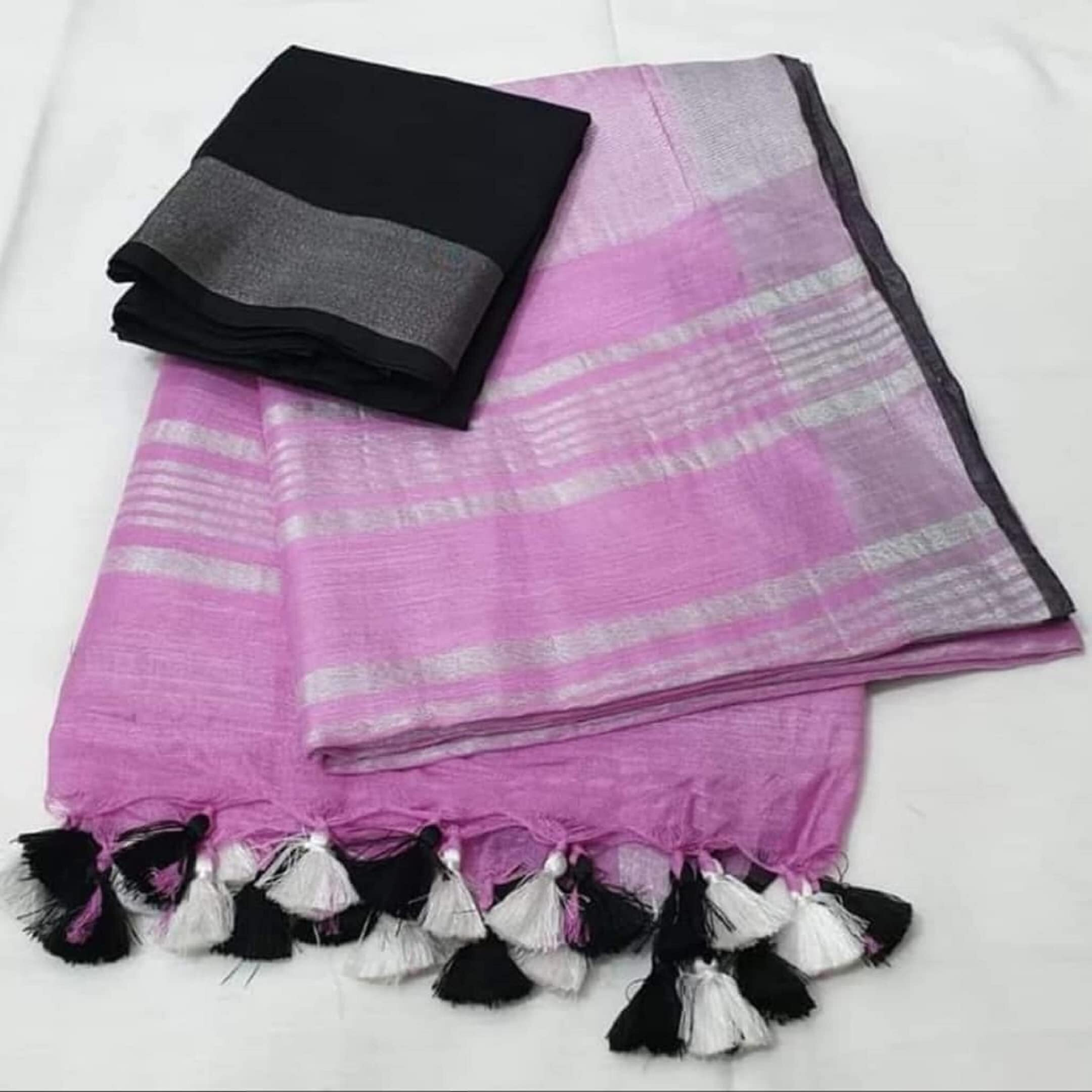 HAIDER ALI AND SONS Pure Linen Ethnic Wear Saree For Womens (With Blouse)_01 (PINK 1)
