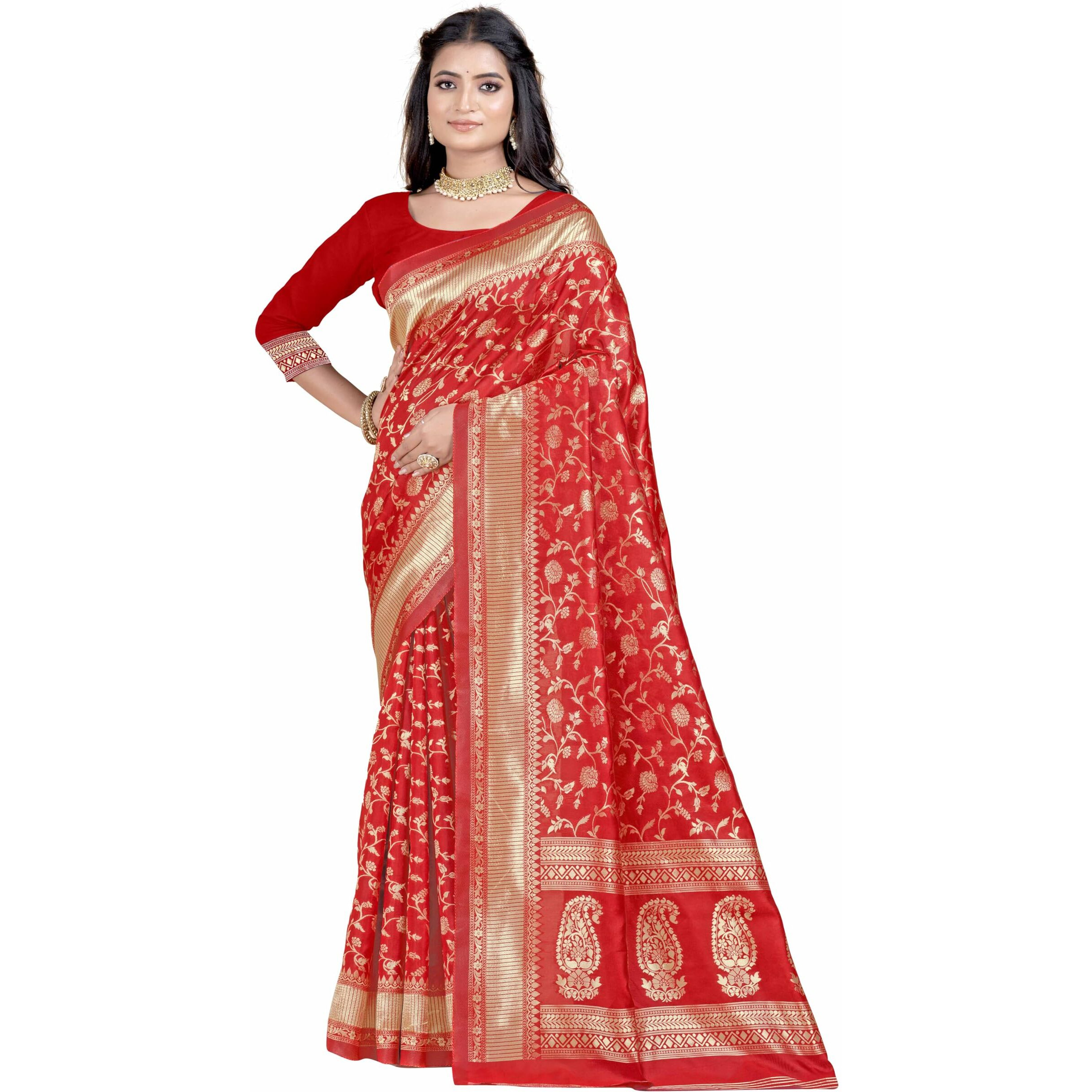 Sugathari Womens Banarasi Saree Pure Kanjivaram Silk Saree Soft new ladies 2023 Design Wear Pattu Sarees Latest Party Sari collections With Blouse Piece for Wedding sadi (SAN PARI-182 RED)