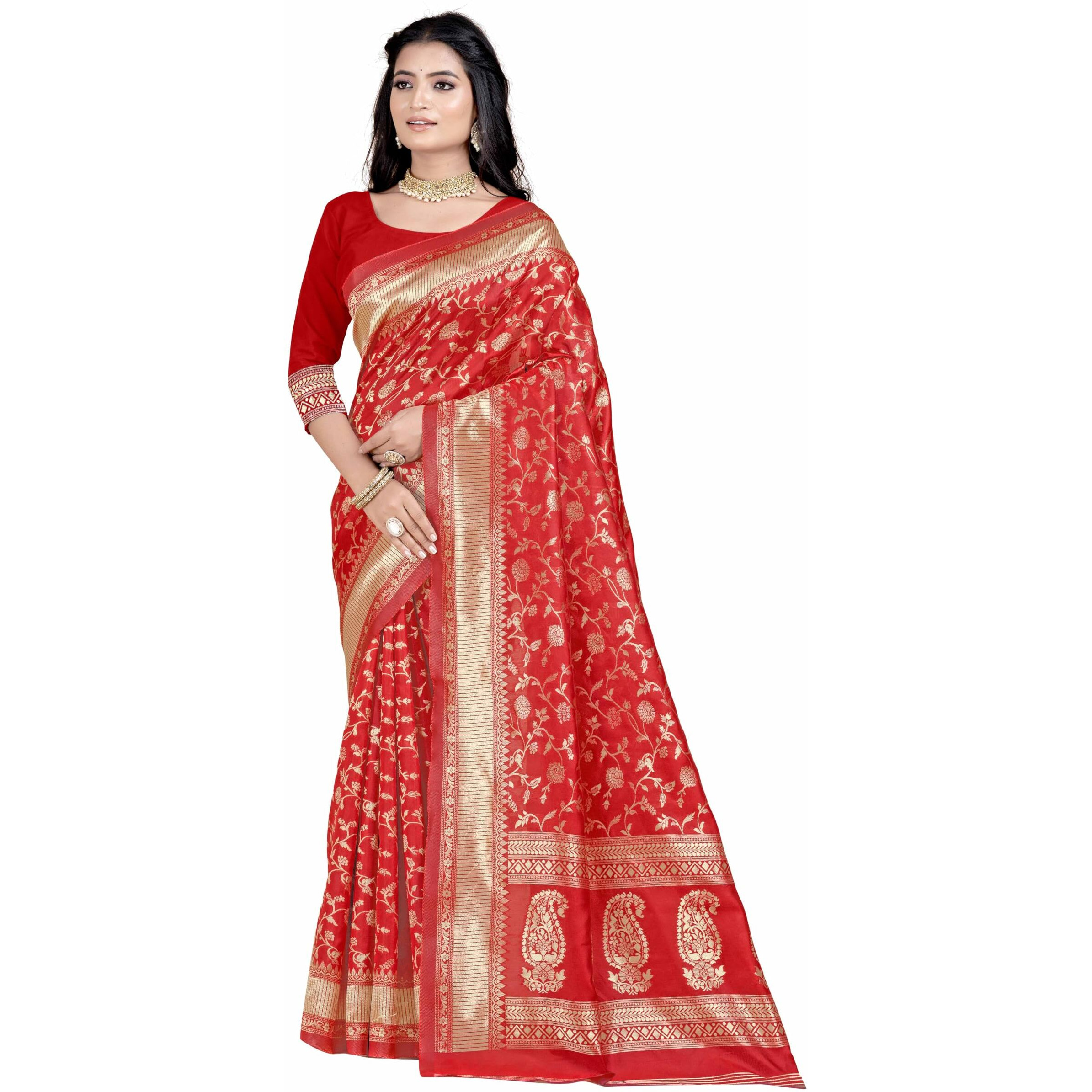 Sugathari Womens Banarasi Saree Pure Kanjivaram Silk Saree Soft new ladies 2023 Design Wear Pattu Sarees Latest Party Sari collections With Blouse Piece for Wedding sadi (SAN PARI-182 RED)