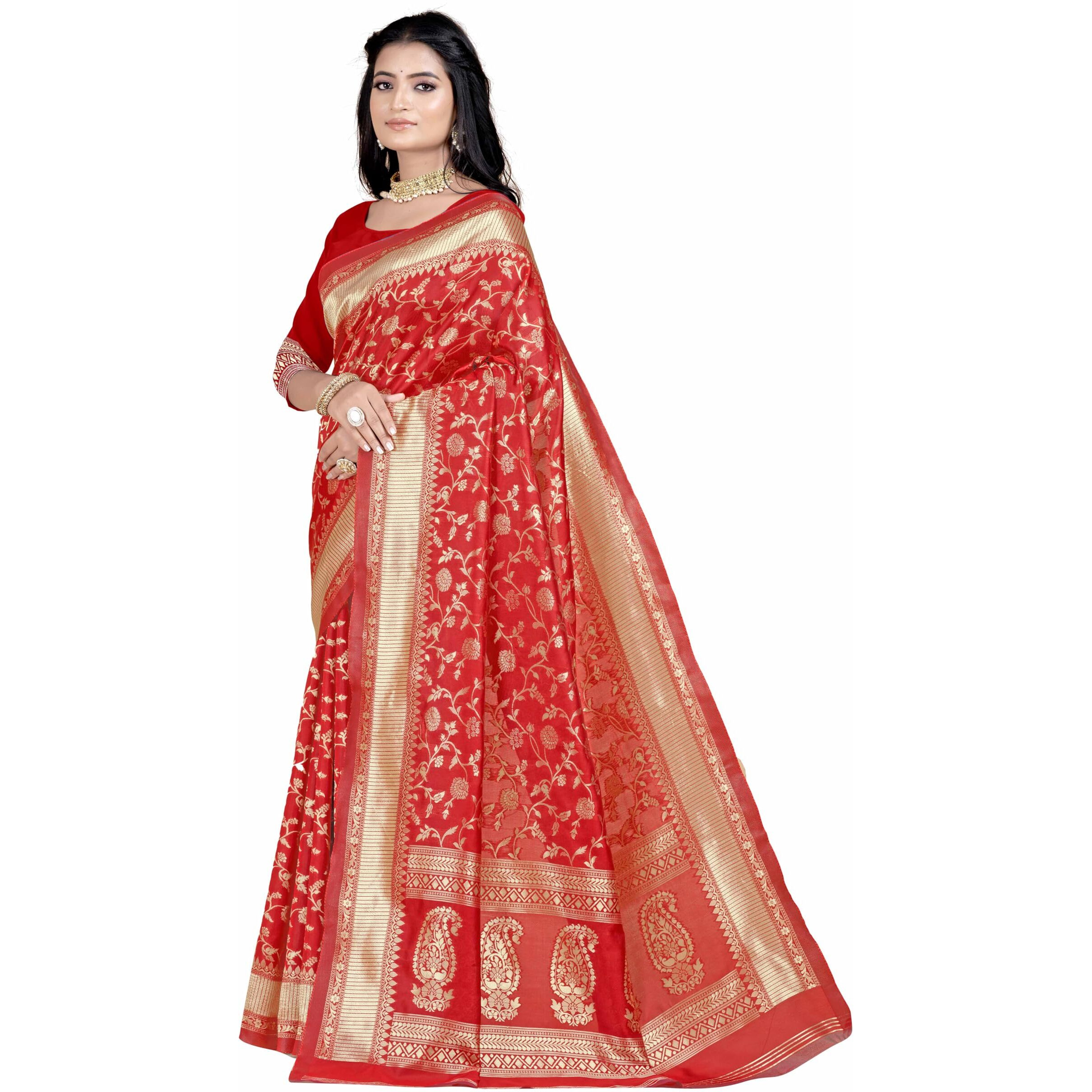 Sugathari Womens Banarasi Saree Pure Kanjivaram Silk Saree Soft new ladies 2023 Design Wear Pattu Sarees Latest Party Sari collections With Blouse Piece for Wedding sadi (SAN PARI-182 RED)