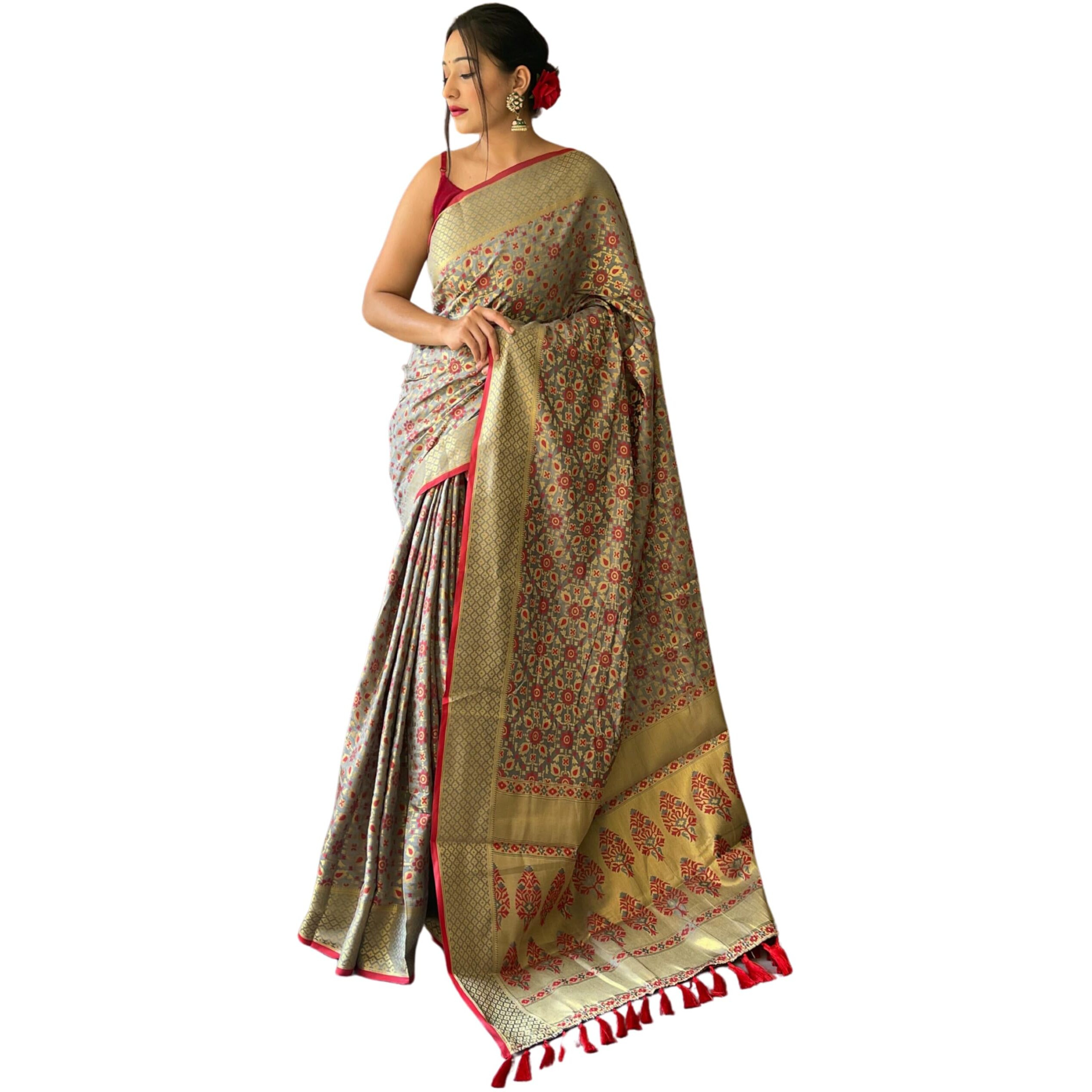 SGF11 Womens Kanjivaram patola Soft Lichi Silk Sarees With Unstitched Blouse Piece (Grey)
