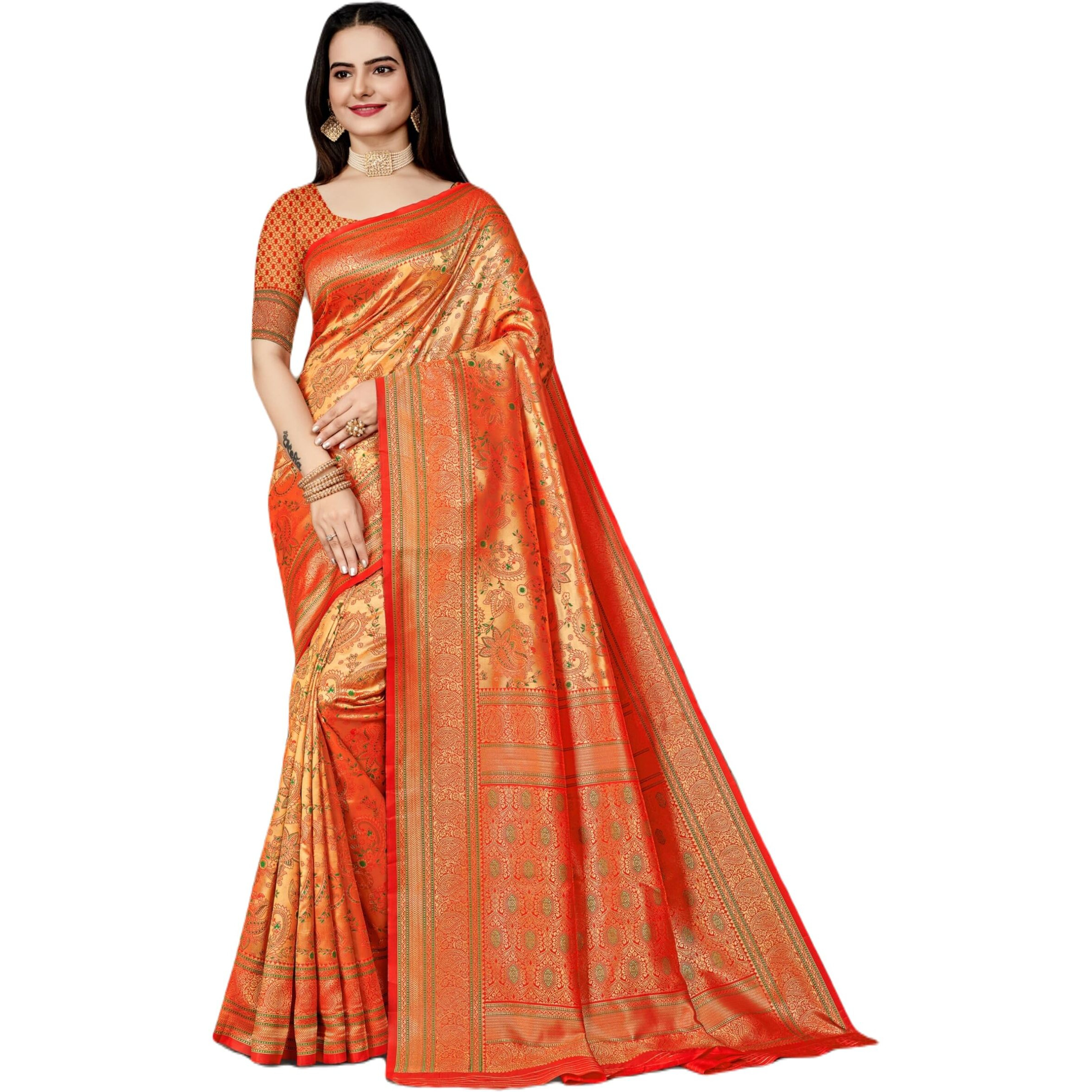 Jaanvi fashion Womens Silk With Zari Work Saree With Blouse Piece(vishruti-paithani-red)