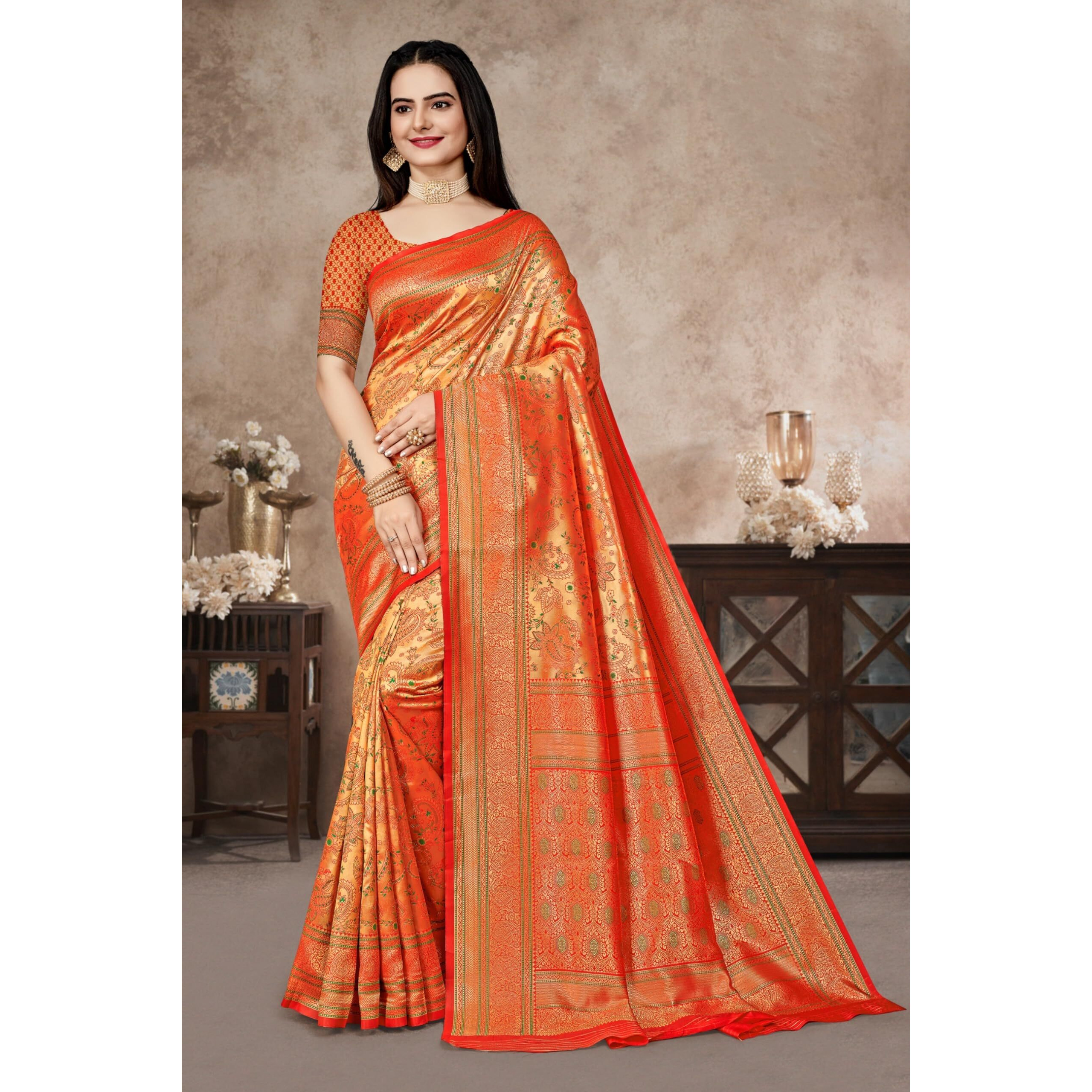 Jaanvi fashion Womens Silk With Zari Work Saree With Blouse Piece(vishruti-paithani-red)