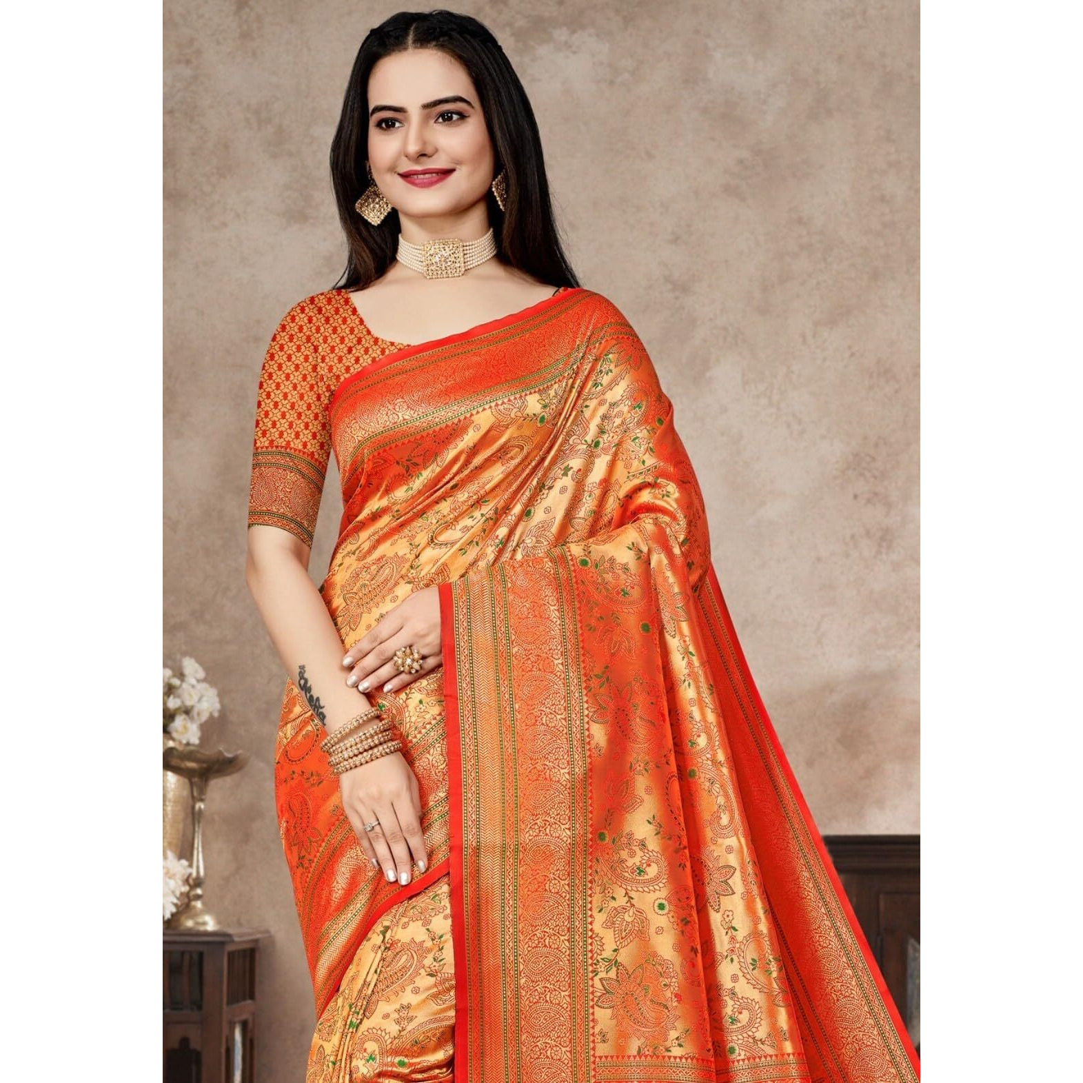 Jaanvi fashion Womens Silk With Zari Work Saree With Blouse Piece(vishruti-paithani-red)