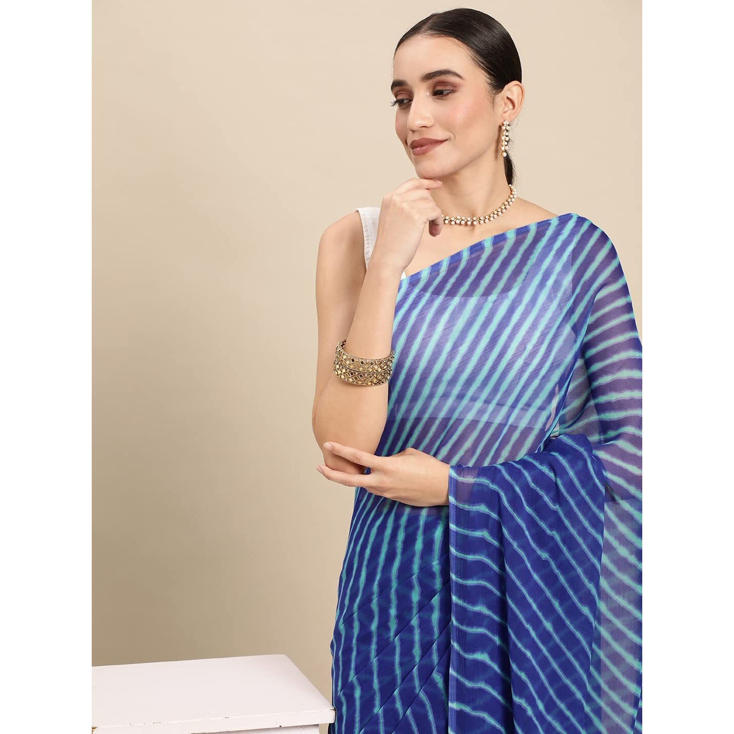 RANI SAAHIBA Womens Chiffon Lehriya Printed Saree Without Blouse (SSKR3647_Blue)