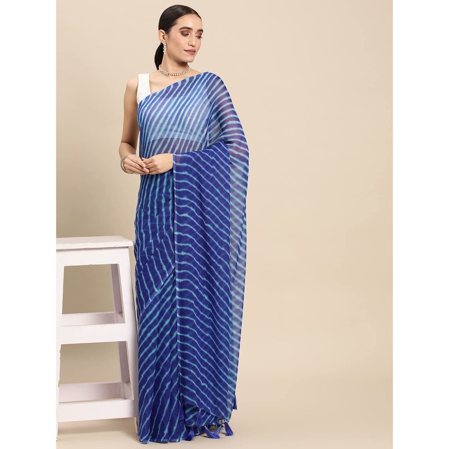 RANI SAAHIBA Womens Chiffon Lehriya Printed Saree Without Blouse (SSKR3647_Blue)