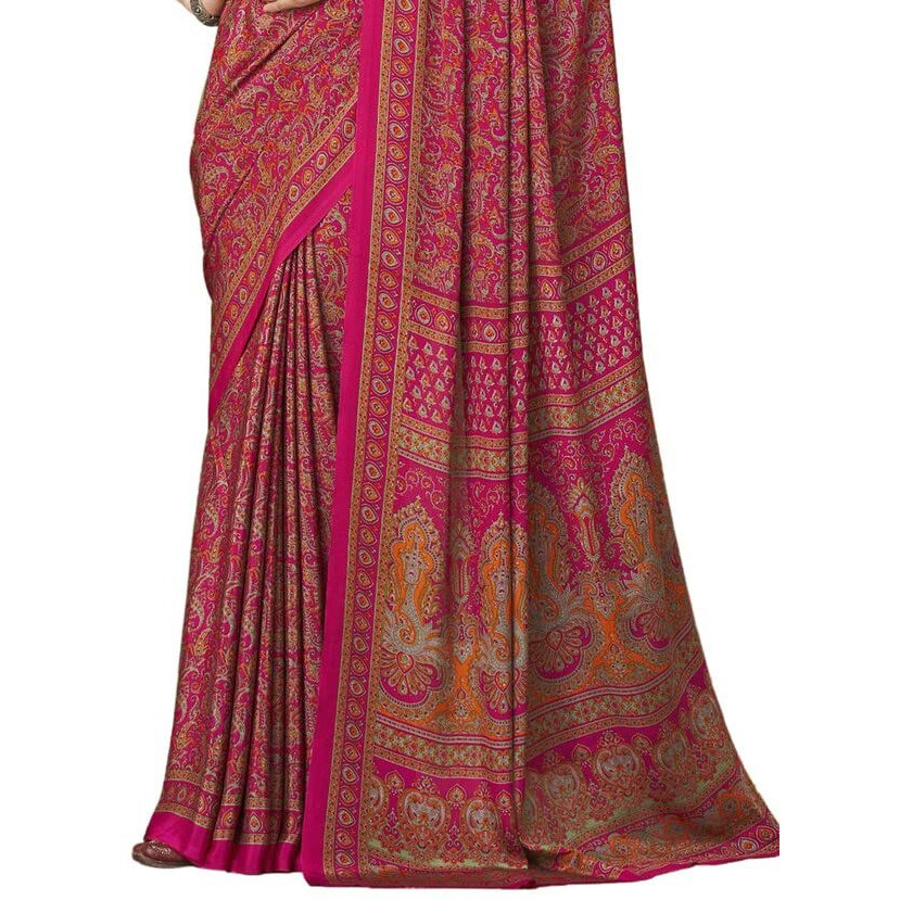 SIRIL Womens Floral Printed Silk Crepe Saree with Unstitched Blouse Piece(2858S2464_Dark Pink)