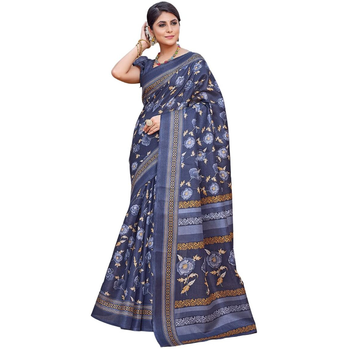 Yashika Womens Printed Trendy Art Silk Saree with Blouse Material||Navyblue Coloured Art Silk Saree||AZ-YS-P1-GULZAR NAVY BLUE