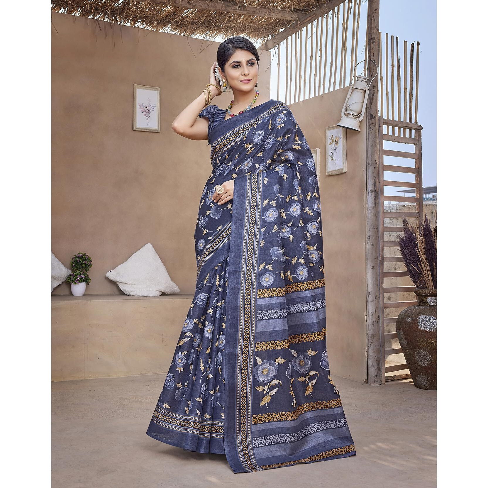 Yashika Womens Printed Trendy Art Silk Saree with Blouse Material||Navyblue Coloured Art Silk Saree||AZ-YS-P1-GULZAR NAVY BLUE