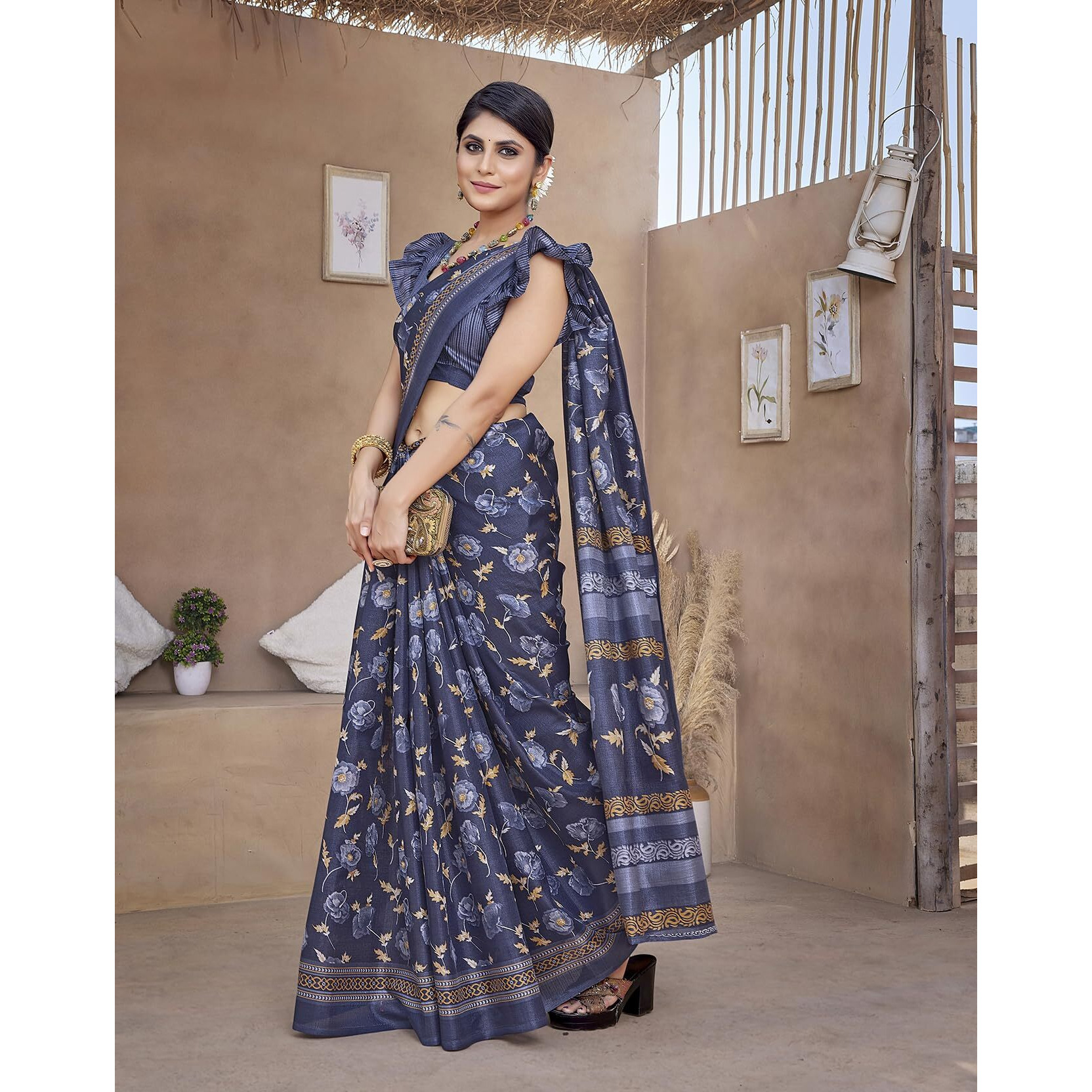 Yashika Womens Printed Trendy Art Silk Saree with Blouse Material||Navyblue Coloured Art Silk Saree||AZ-YS-P1-GULZAR NAVY BLUE