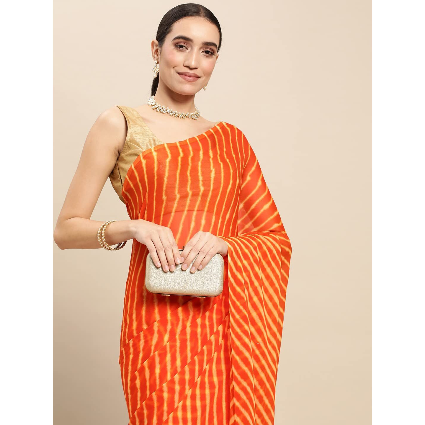 RANI SAAHIBA Womens Chiffon Lehriya Printed Saree Without Blouse (SSKR3648_Orange)