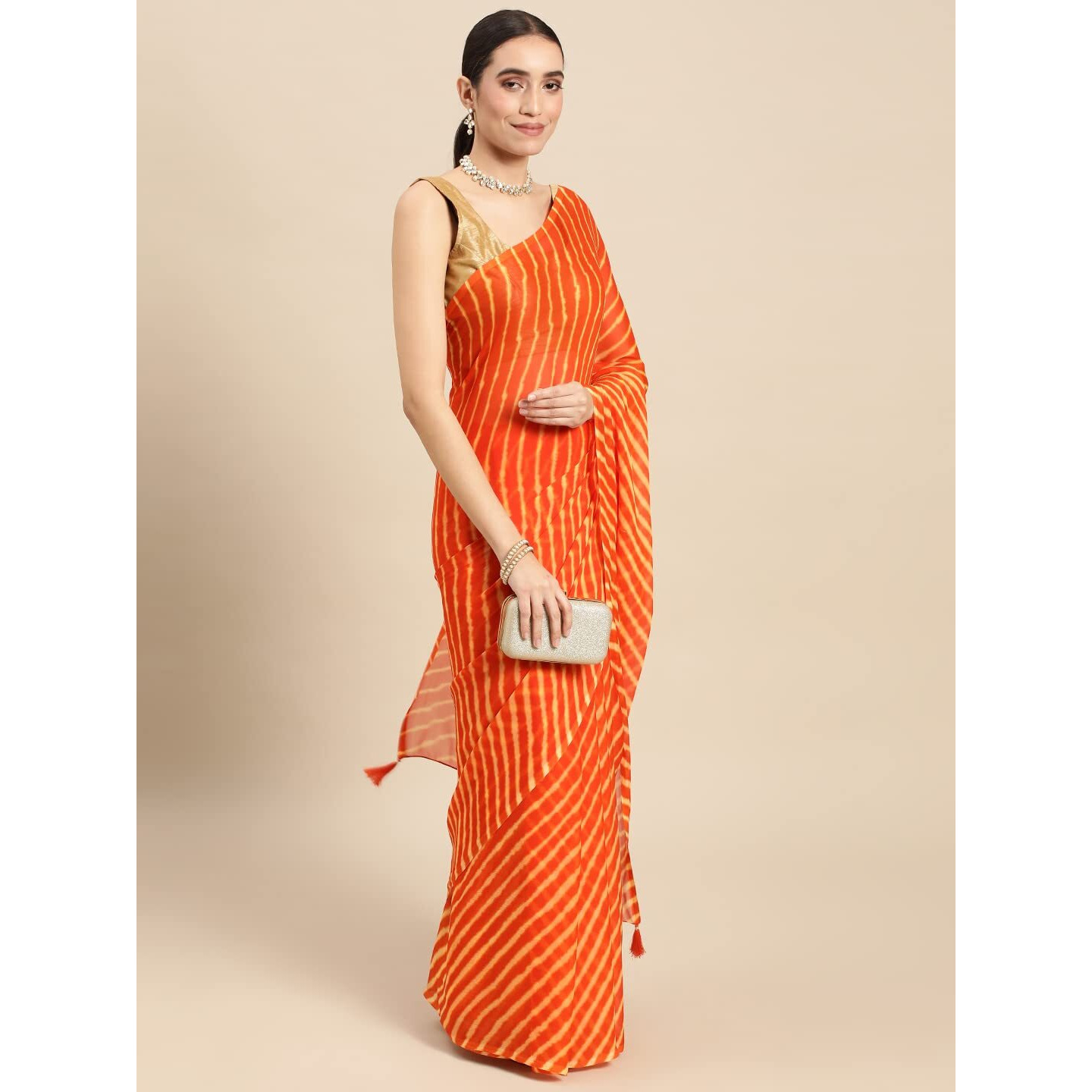 RANI SAAHIBA Womens Chiffon Lehriya Printed Saree Without Blouse (SSKR3648_Orange)